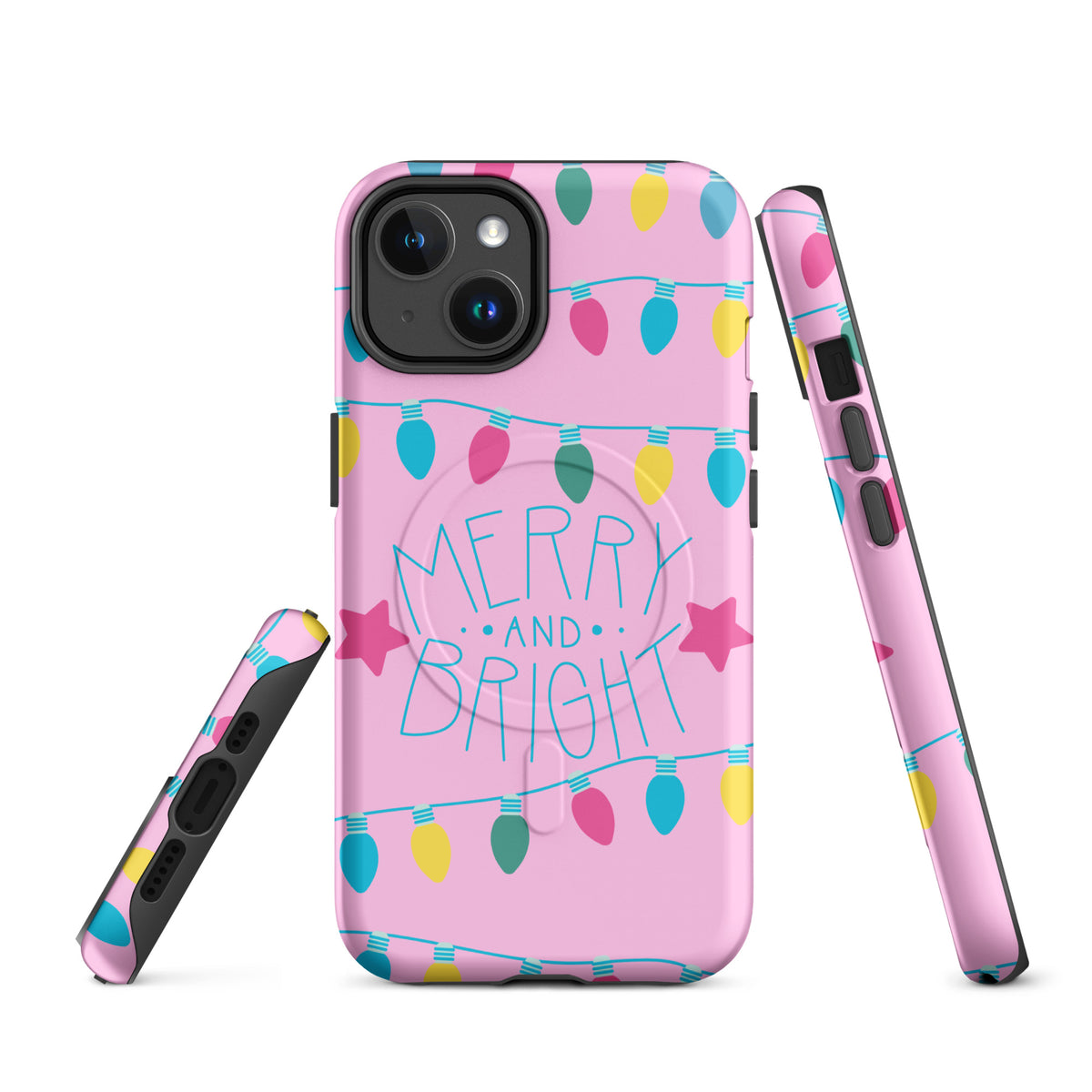 Magnetic Phone Case with holiday lights and 'Merry and Bright' message on pink background, featuring colorful bulbs and playful stars.