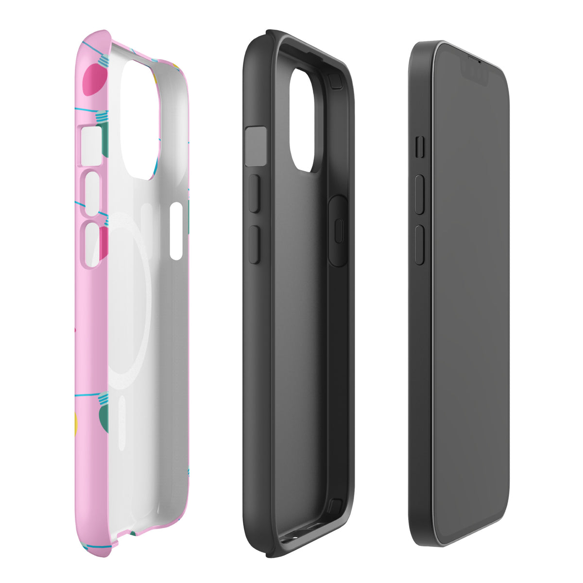 Magnetic Phone Case for iPhone with festive lights and stars on a pink background.