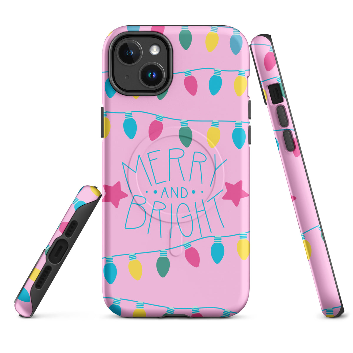 Magnetic Phone Case for iPhone with holiday lights and "Merry and Bright" on a pink background.