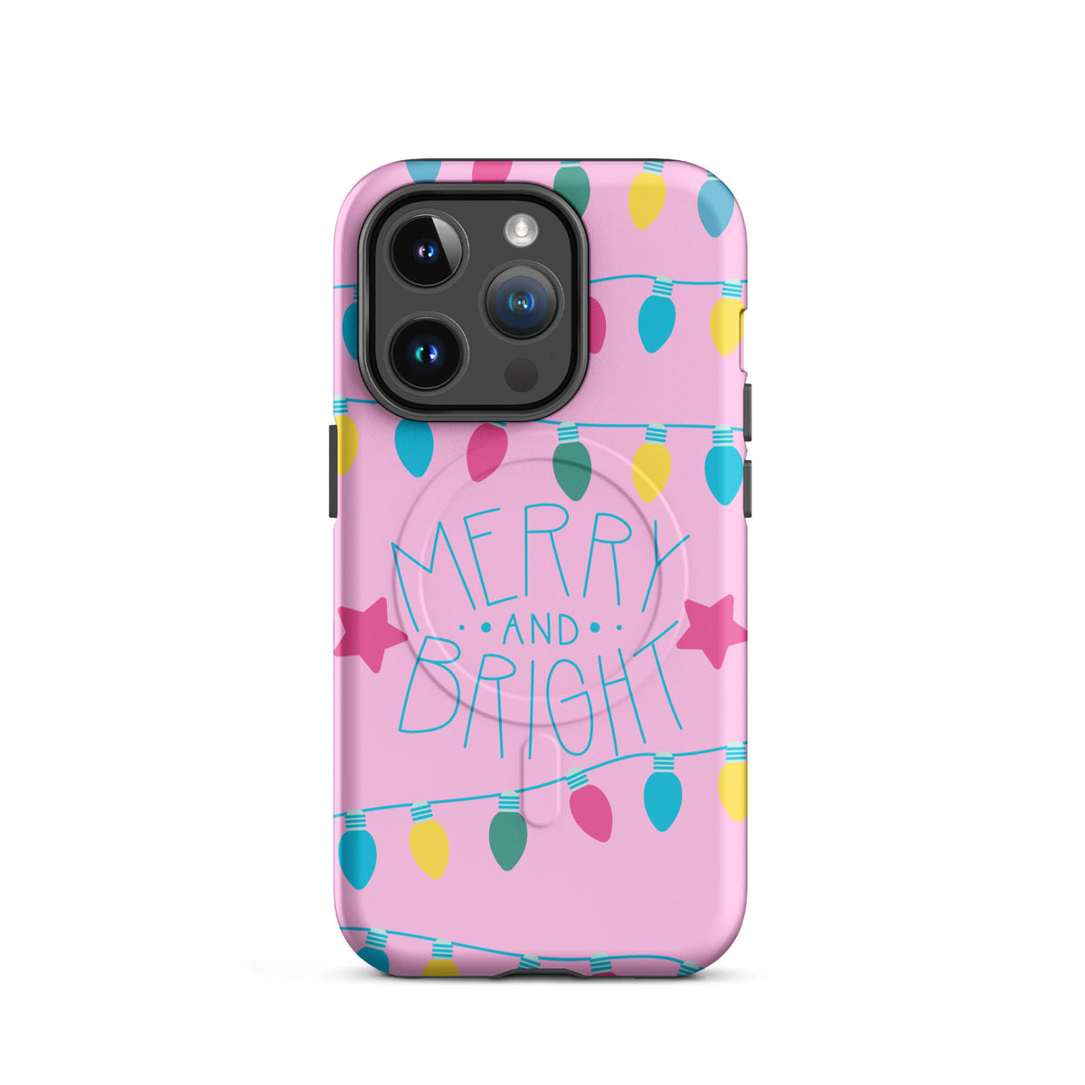 Magnetic Phone Case for iPhone with "Merry and Bright" festive holiday lights design on a pink background with colorful bulbs.