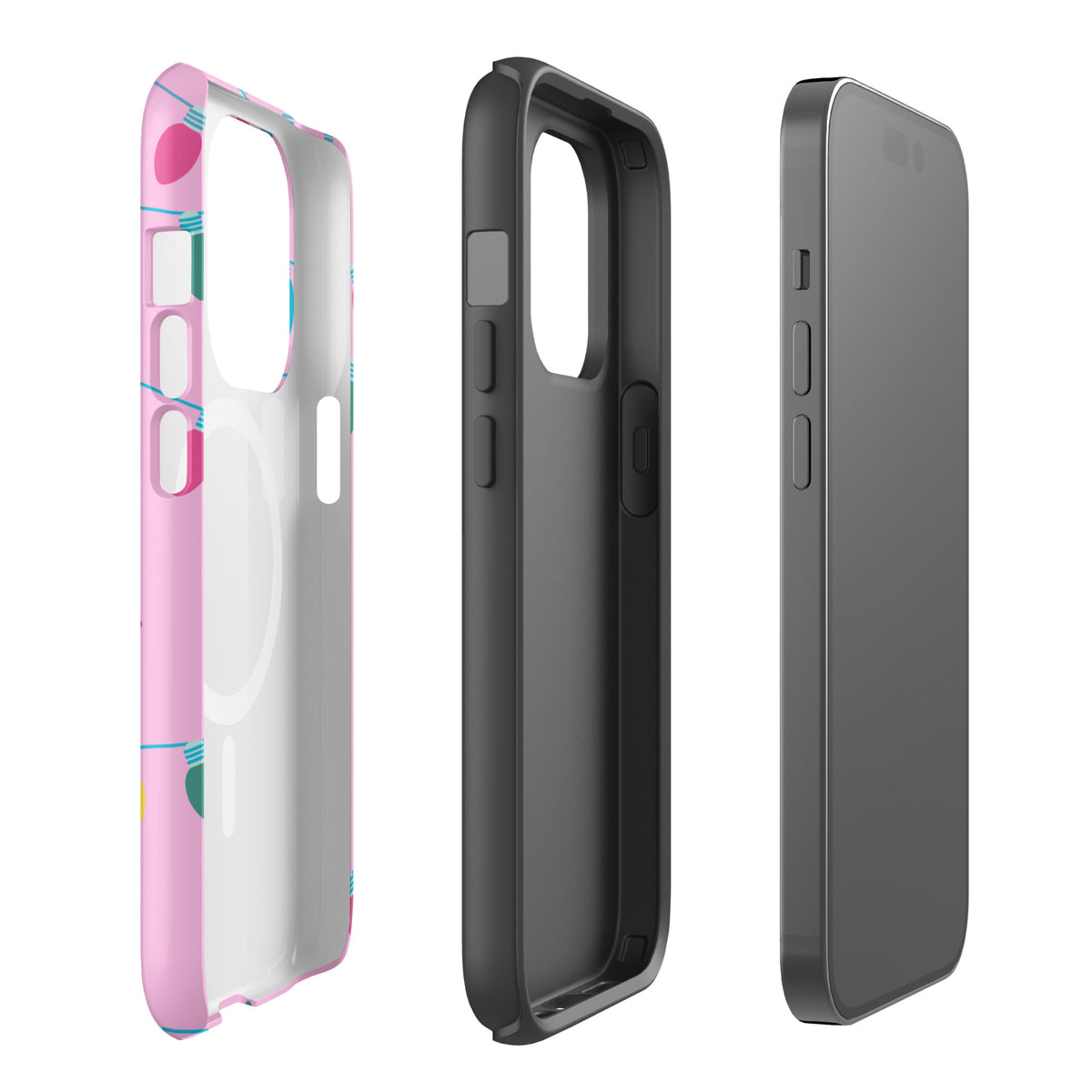 Magnetic Phone Case for iPhone with festive holiday lights design in pink, turquoise, yellow, and green on a bright pink background.