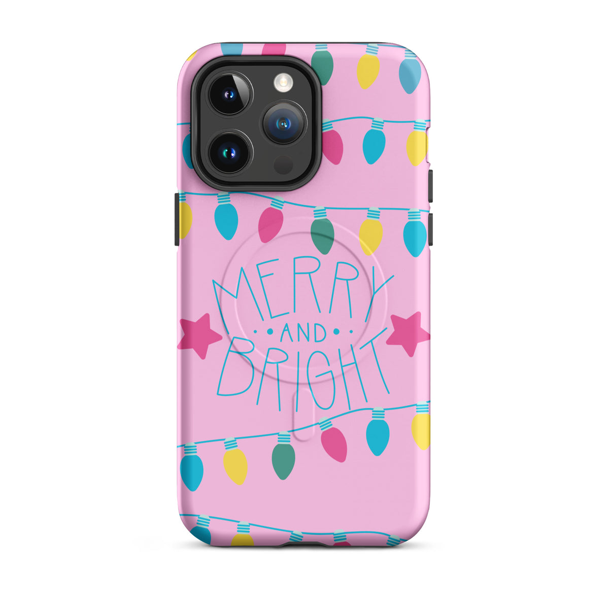 Magnetic Phone Case for iPhone with Merry and Bright holiday lights and colorful festive design on pink background.