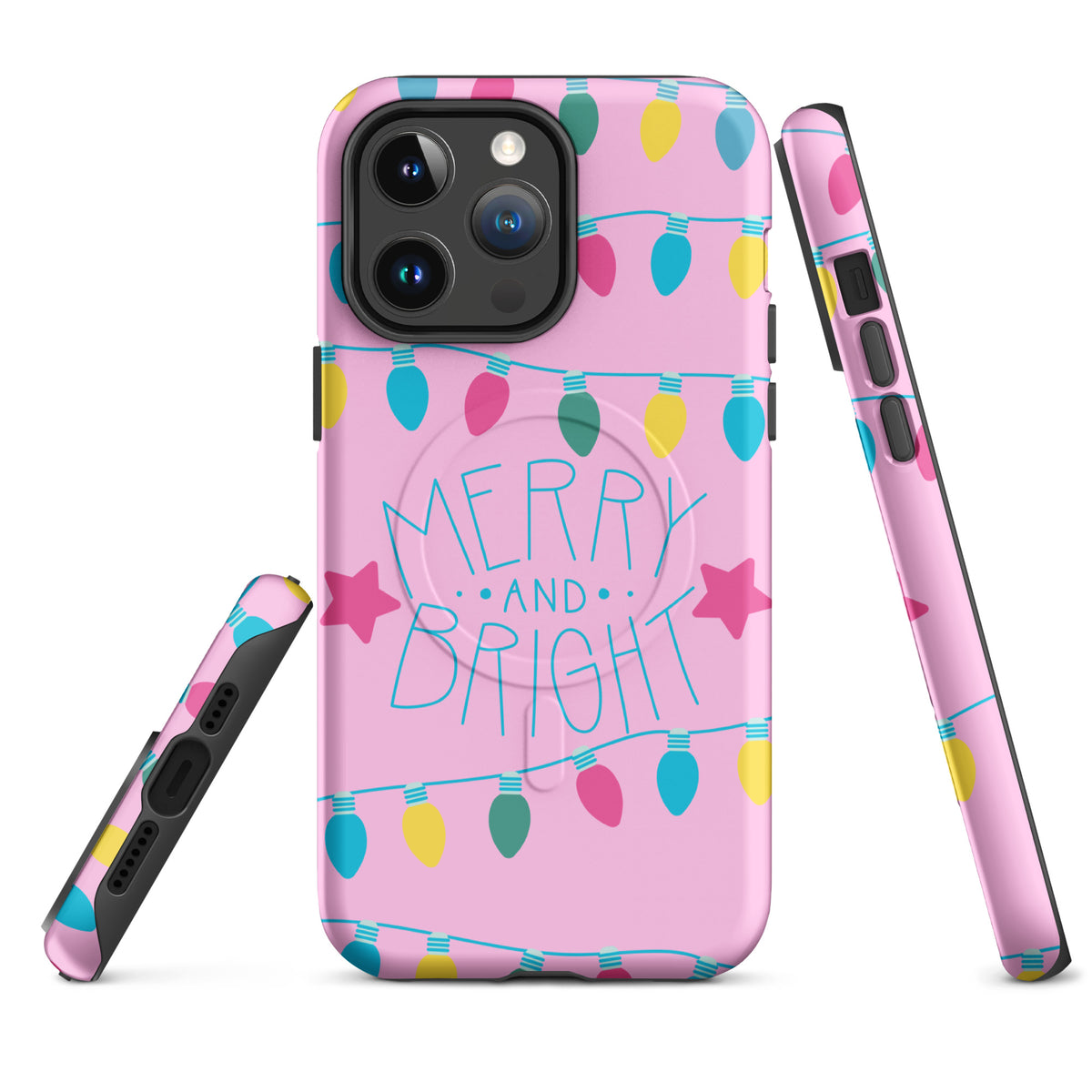 Magnetic Phone Case for iPhone with 'Merry and Bright' design in pink, festive colors, and holiday lights.