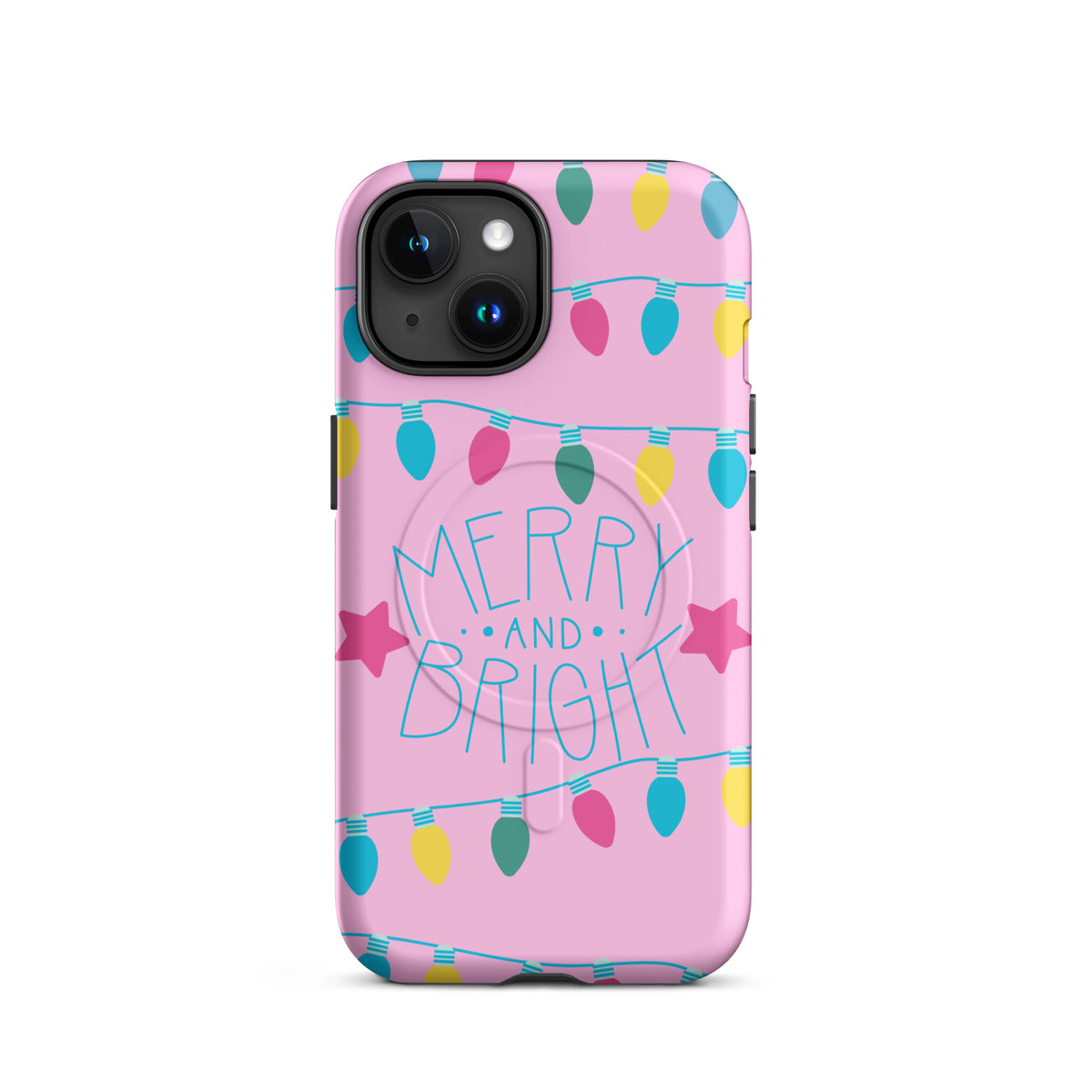 Magnetic Phone Case for iPhone with Merry and Bright design, featuring colorful holiday lights and stars on a pink background.