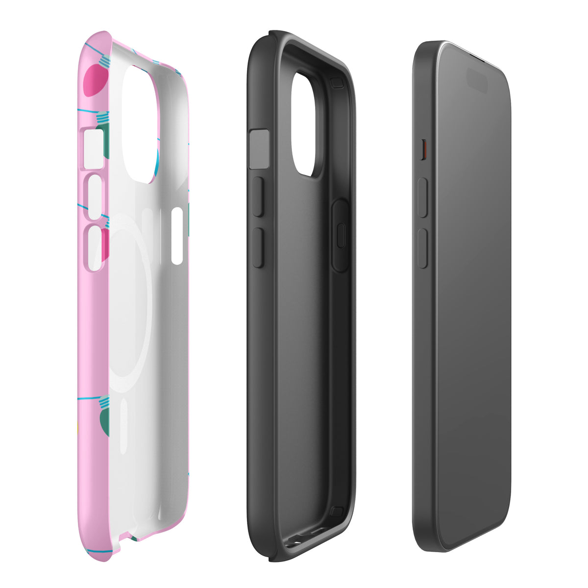 Magnetic Phone Case for iPhone with holiday lights and whimsical stars on a pink background, showcasing a festive "Merry and Bright" design.