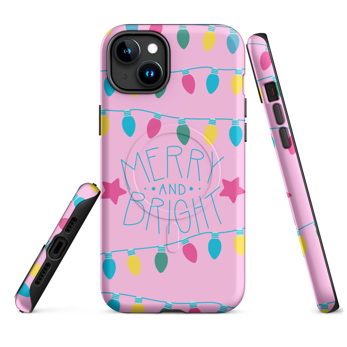 Magnetic Phone Case for iPhone with holiday lights, stars, and 'Merry and Bright' message on pink background to celebrate festive cheer.
