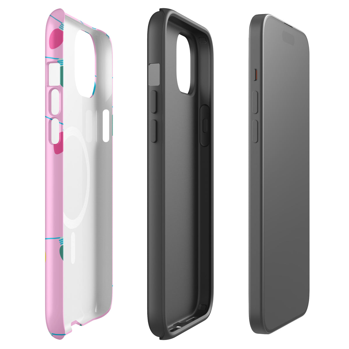 Magnetic Phone Case with festive lights and stars on a pink background designed for iPhone, featuring a Merry and Bright holiday theme.