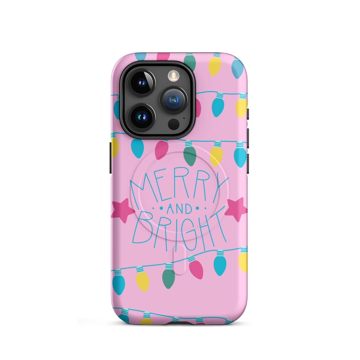 Magnetic Phone Case for iPhone with Merry and Bright holiday lights, featuring colorful bulbs and stars on a pink background.