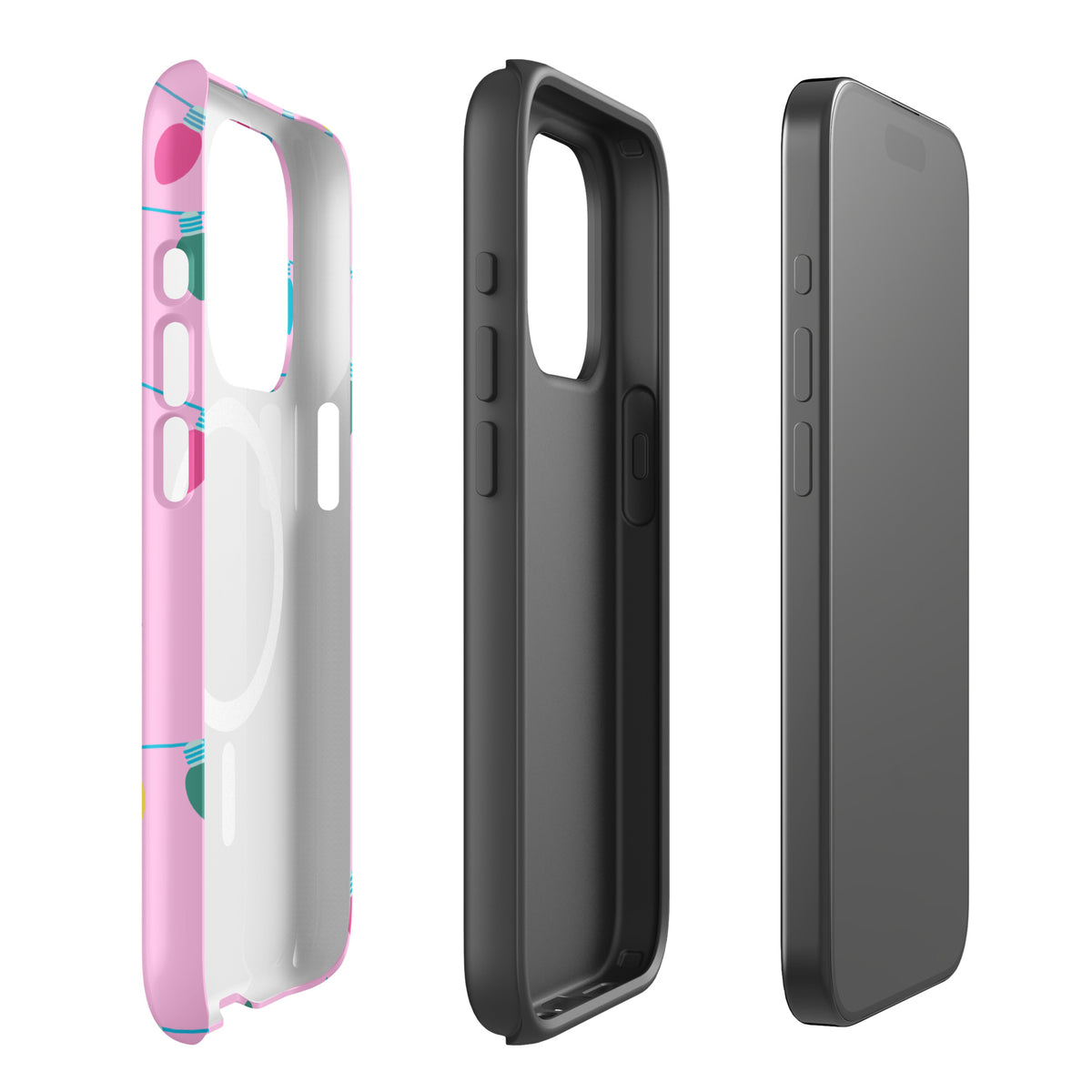 Magnetic Phone Case for iPhone with festive holiday lights and stars on a pink background