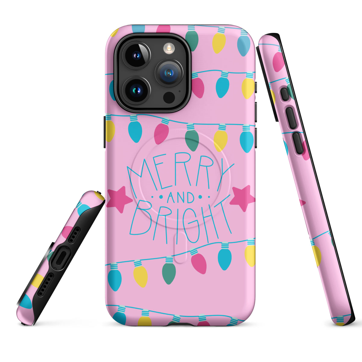 Magnetic Phone Case for iPhone with festive holiday lights and Merry and Bright message on pink background.