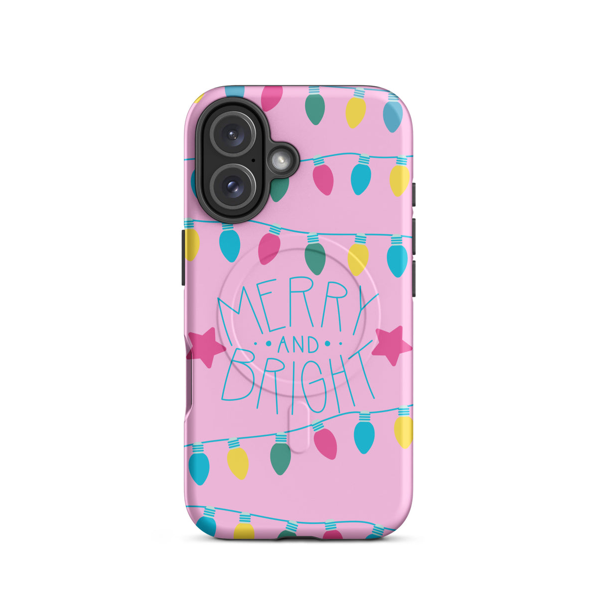 Magnetic Phone Case for iPhone with holiday lights and Merry and Bright message on pink background
