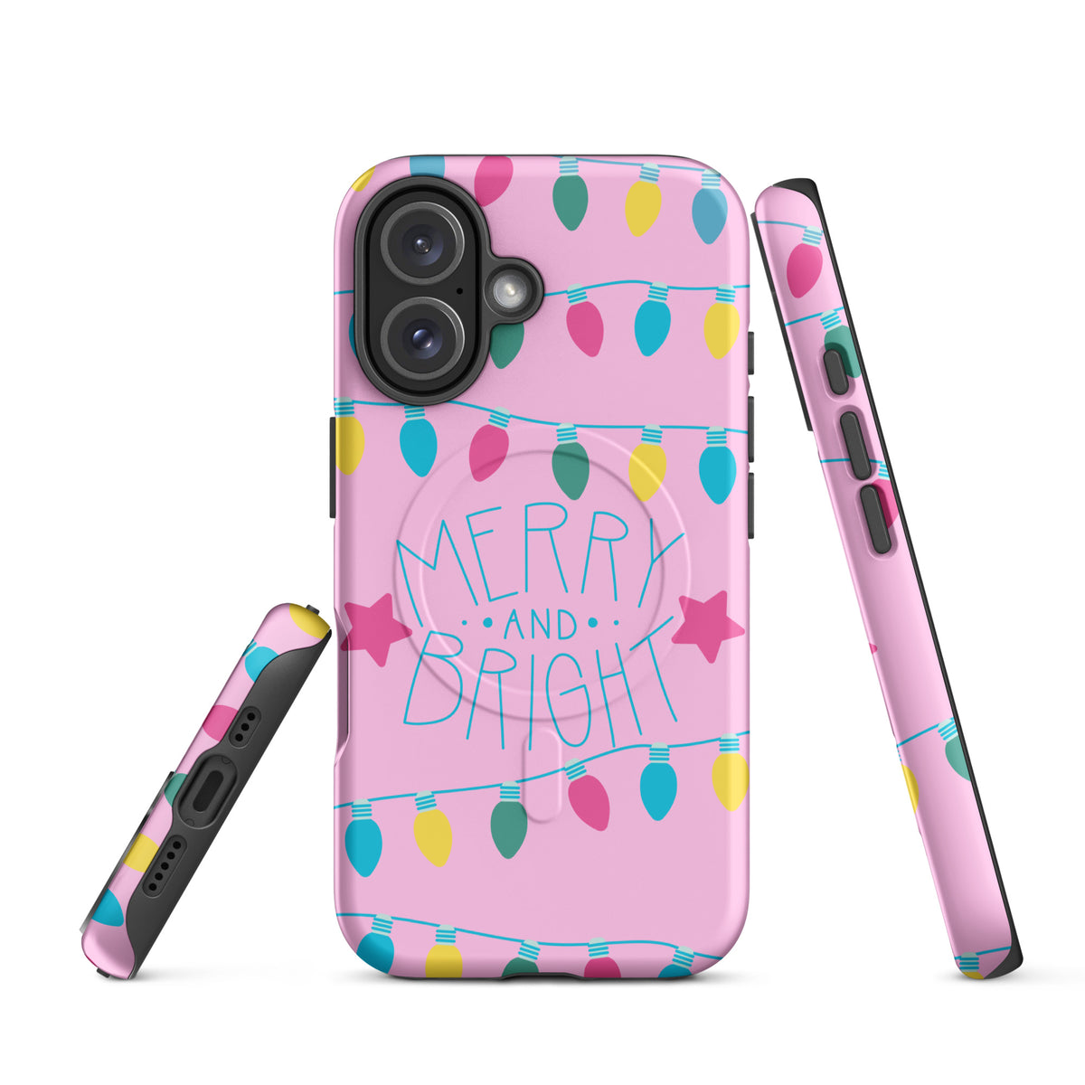 Magnetic Phone Case for iPhone with colorful holiday lights and 'Merry and Bright' message on pink background, festive accessory