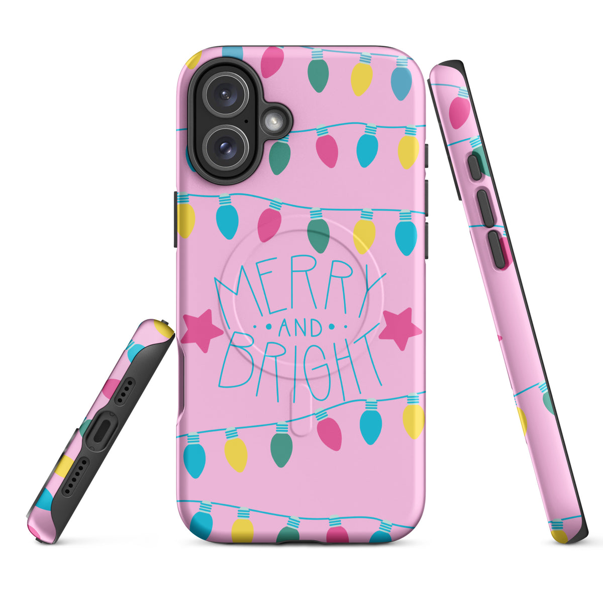 Magnetic Phone Case with holiday lights and 'Merry and Bright' message, featuring stars and colorful bulbs on a pink background