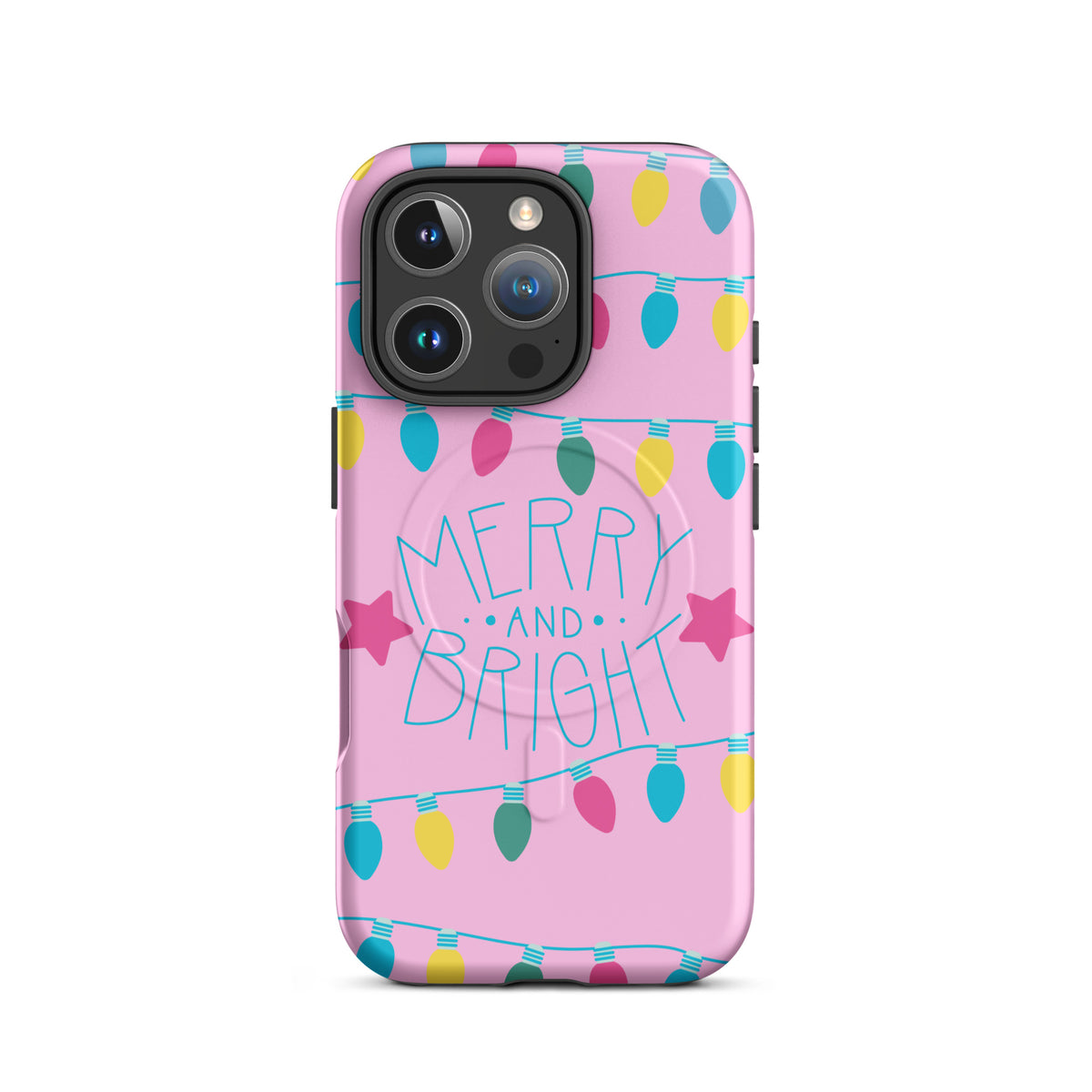Magnetic Phone Case for iPhone with holiday lights, stars, and Merry and Bright message on a pink background.