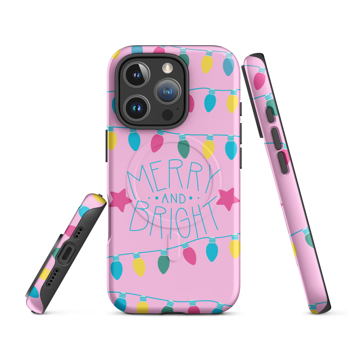 Magnetic Phone Case for iPhone with Merry and Bright holiday lights on pink background, featuring cheerful stars and colorful bulbs.