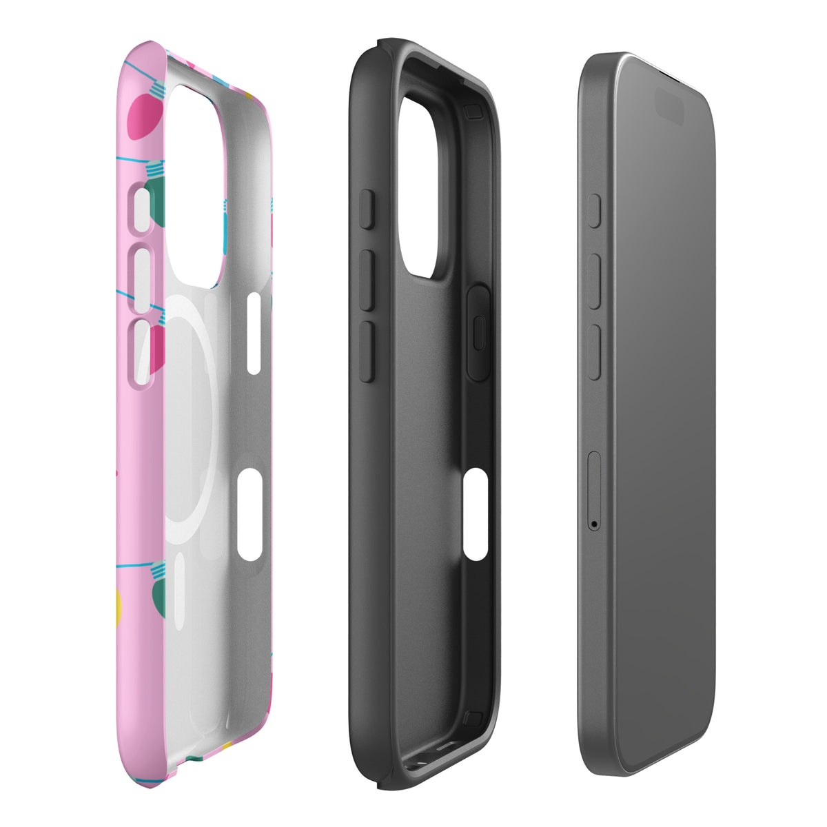 Magnetic Phone Case for iPhone with festive holiday lights and Merry and Bright message on a pink background