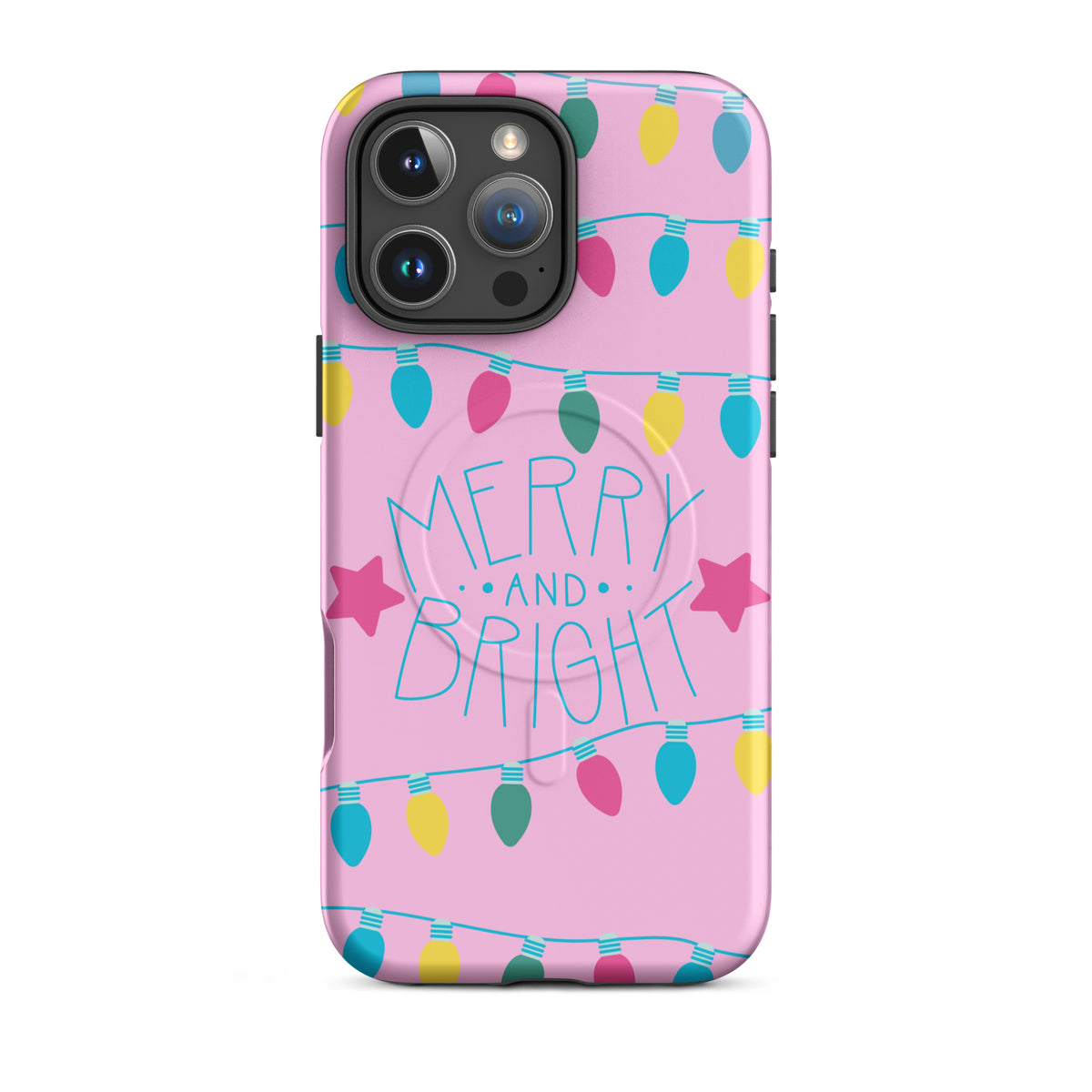 Magnetic Phone Case for iPhone with Merry and Bright holiday lights design on pink background featuring stars and colorful bulbs.