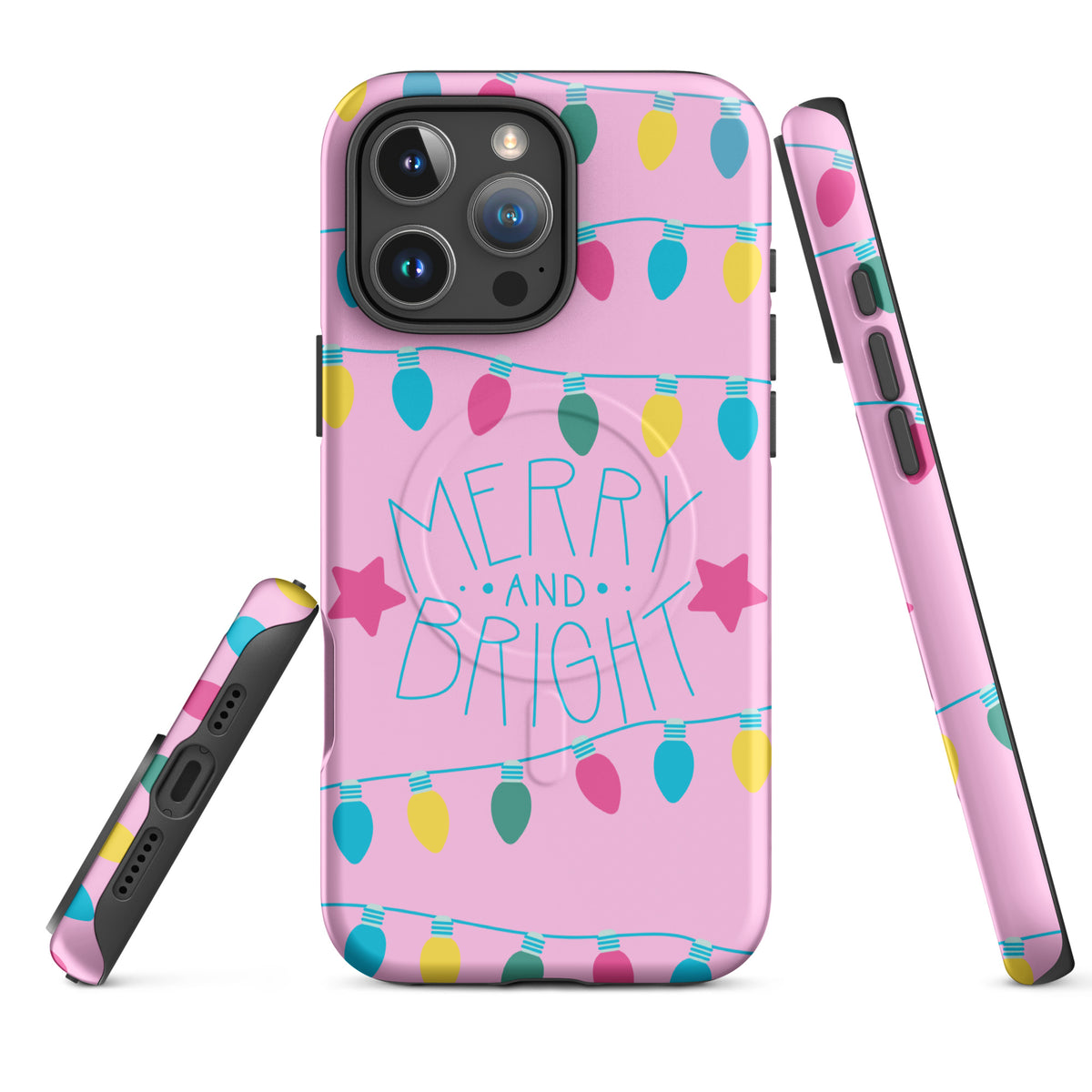 Magnetic Phone Case for iPhone with Merry and Bright lights design, featuring colorful bulbs and pink background for holiday cheer.