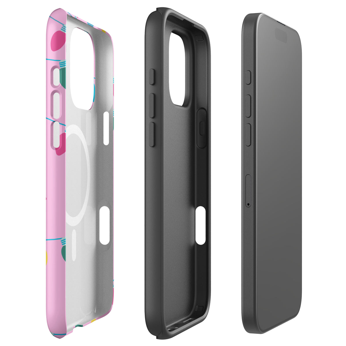 Magnetic Phone Case for iPhone with holiday lights, stars, and pink background, featuring 'Merry and Bright' message.