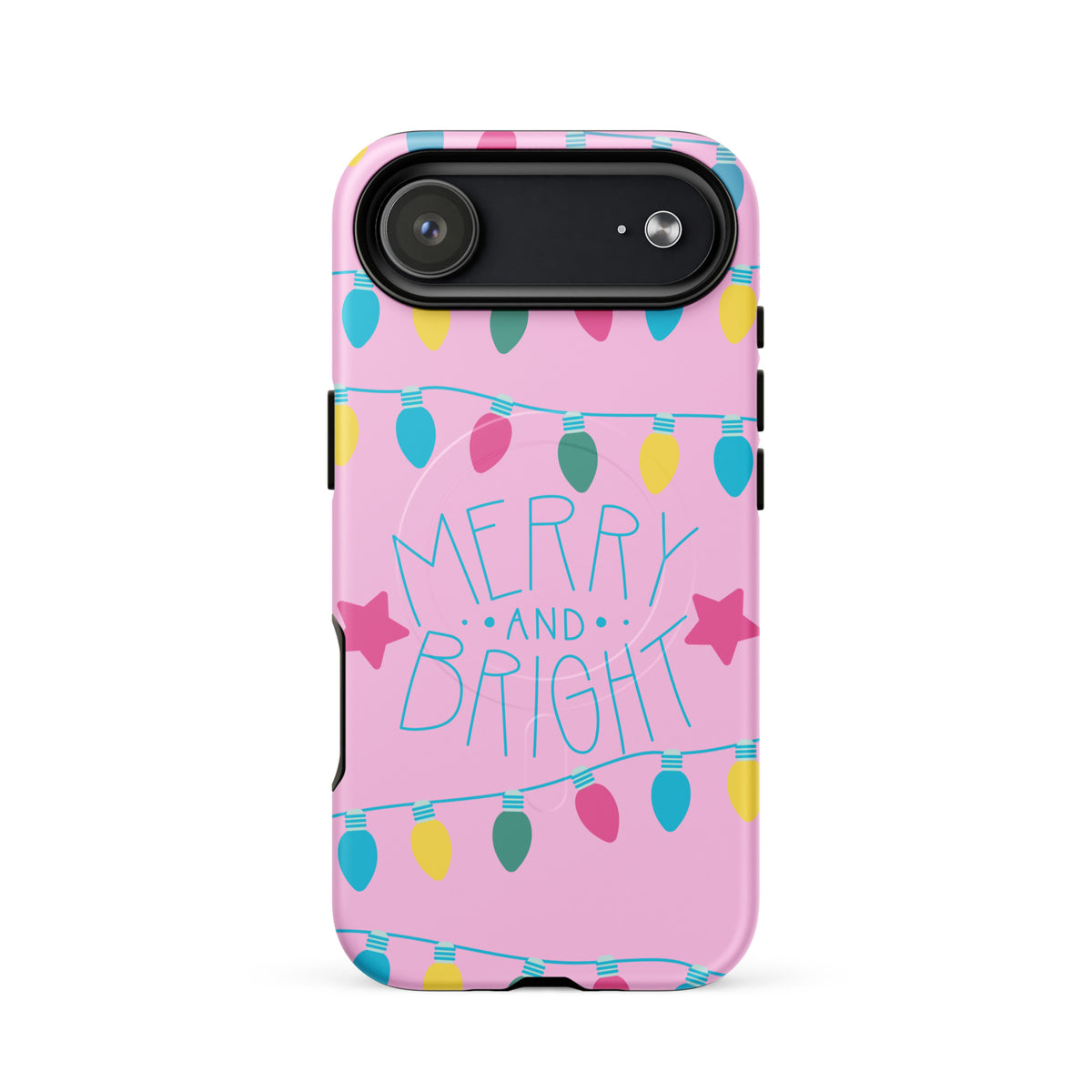 Magnetic Phone Case for iPhone with festive holiday lights and 'Merry and Bright' design on a pink background.