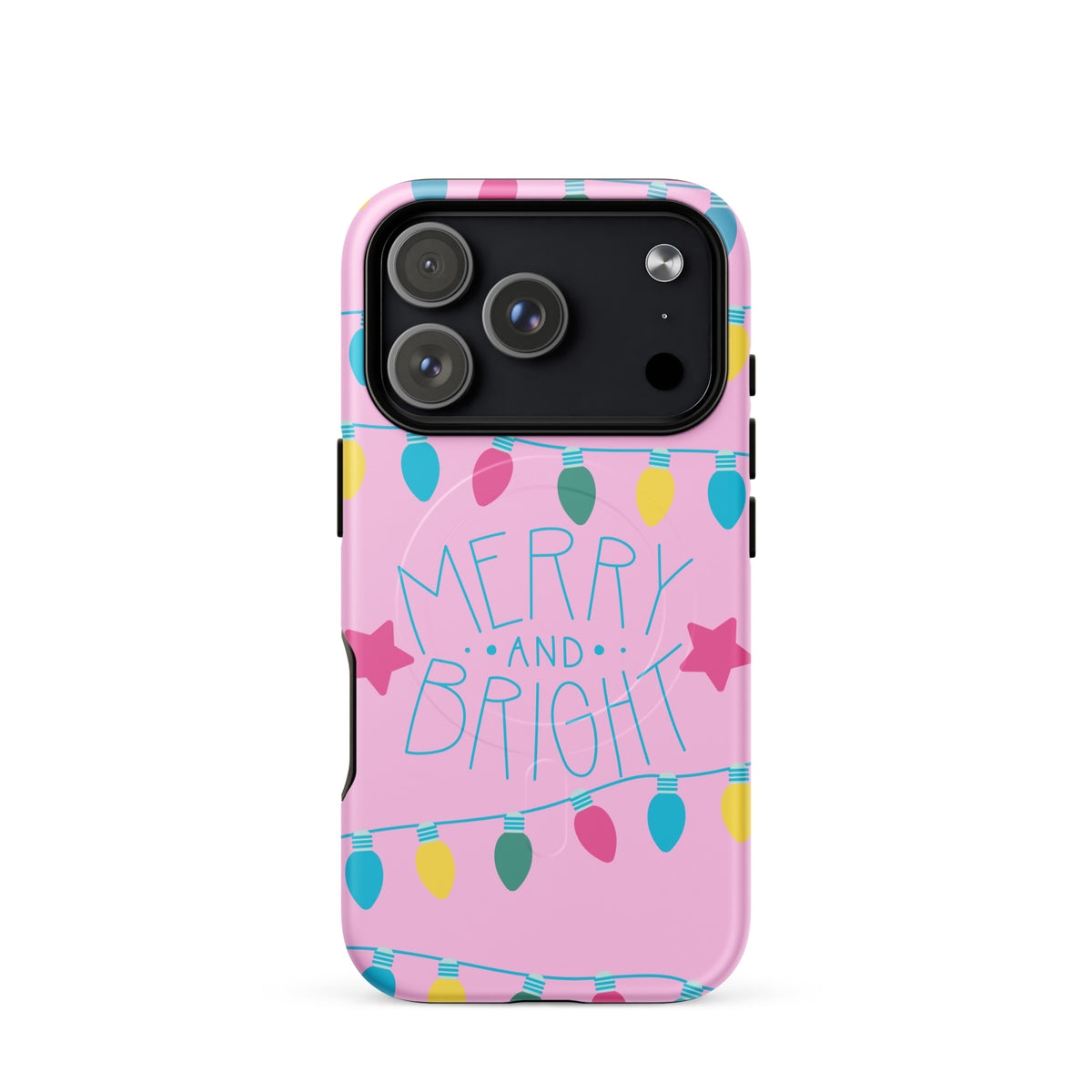 Magnetic Phone Case with "Merry and Bright" design, festive holiday lights on a pink background.