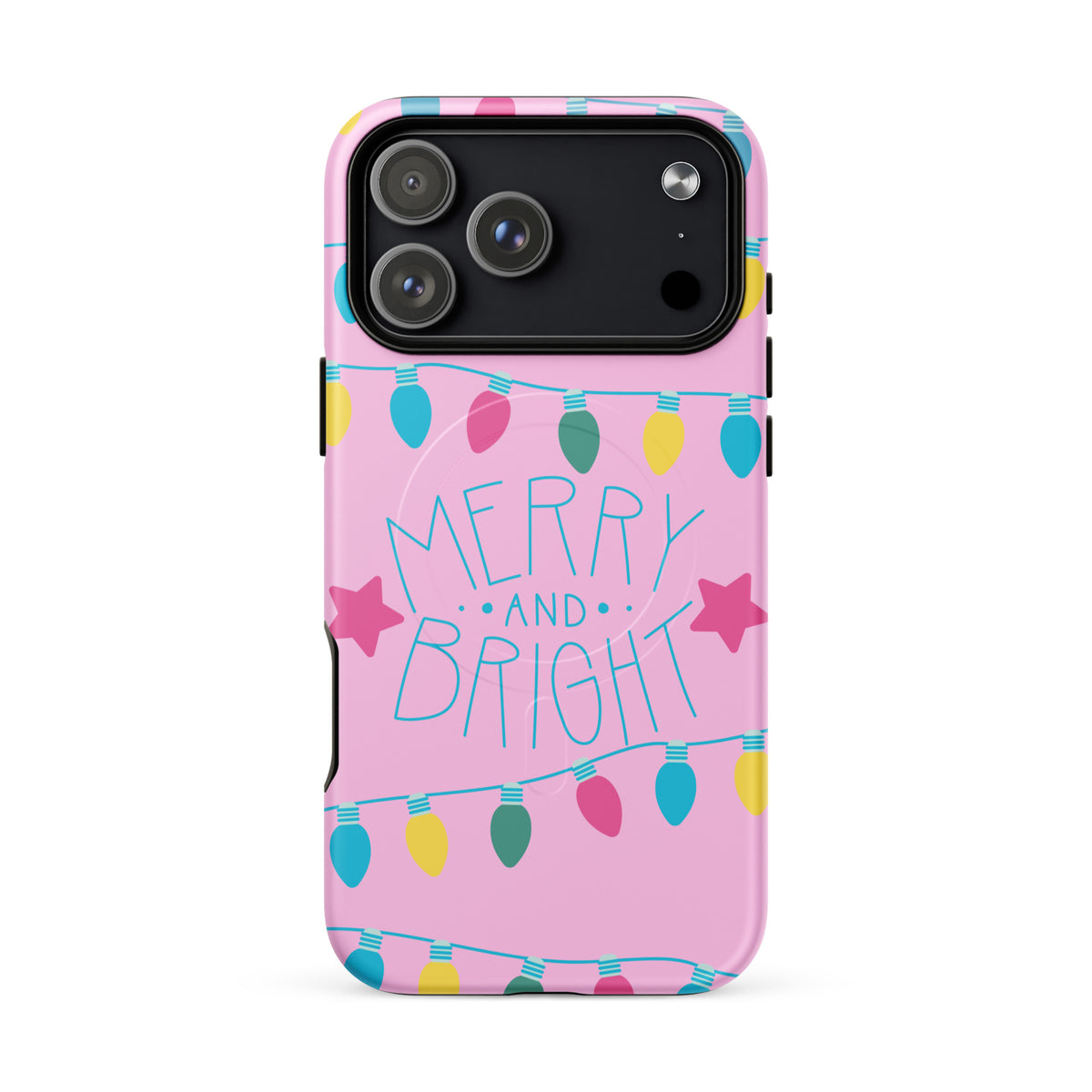 Magnetic Phone Case for iPhone with festive holiday lights and "Merry and Bright" message on a pink background.