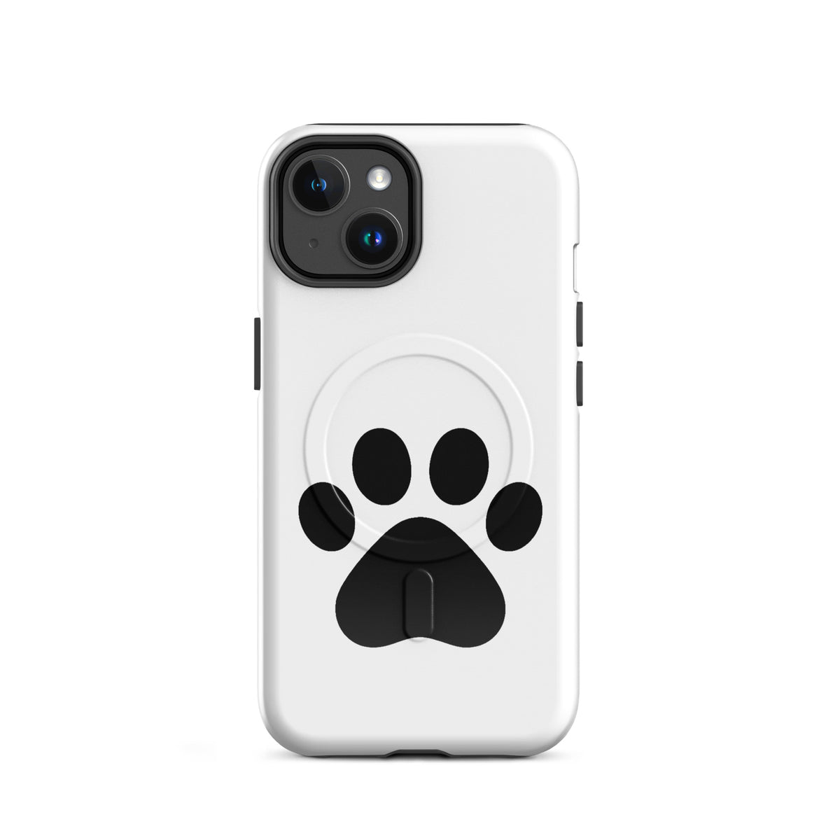 Magnetic Phone Case with black paw print design for iPhone, ideal for pet lovers, in white color.