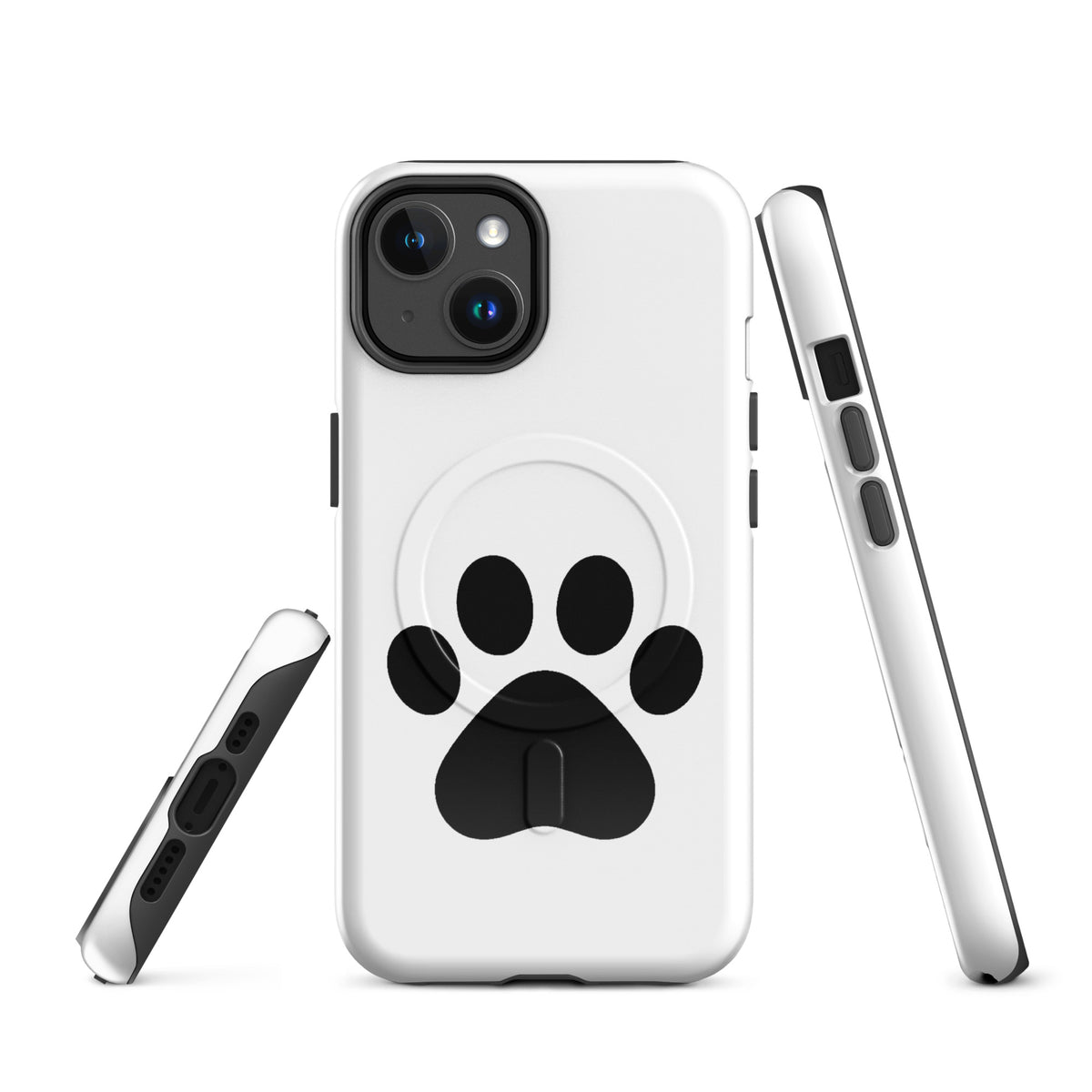 Magnetic Phone Case with paw print design for iPhone in white and black, perfect for pet lovers, featuring durable protection.