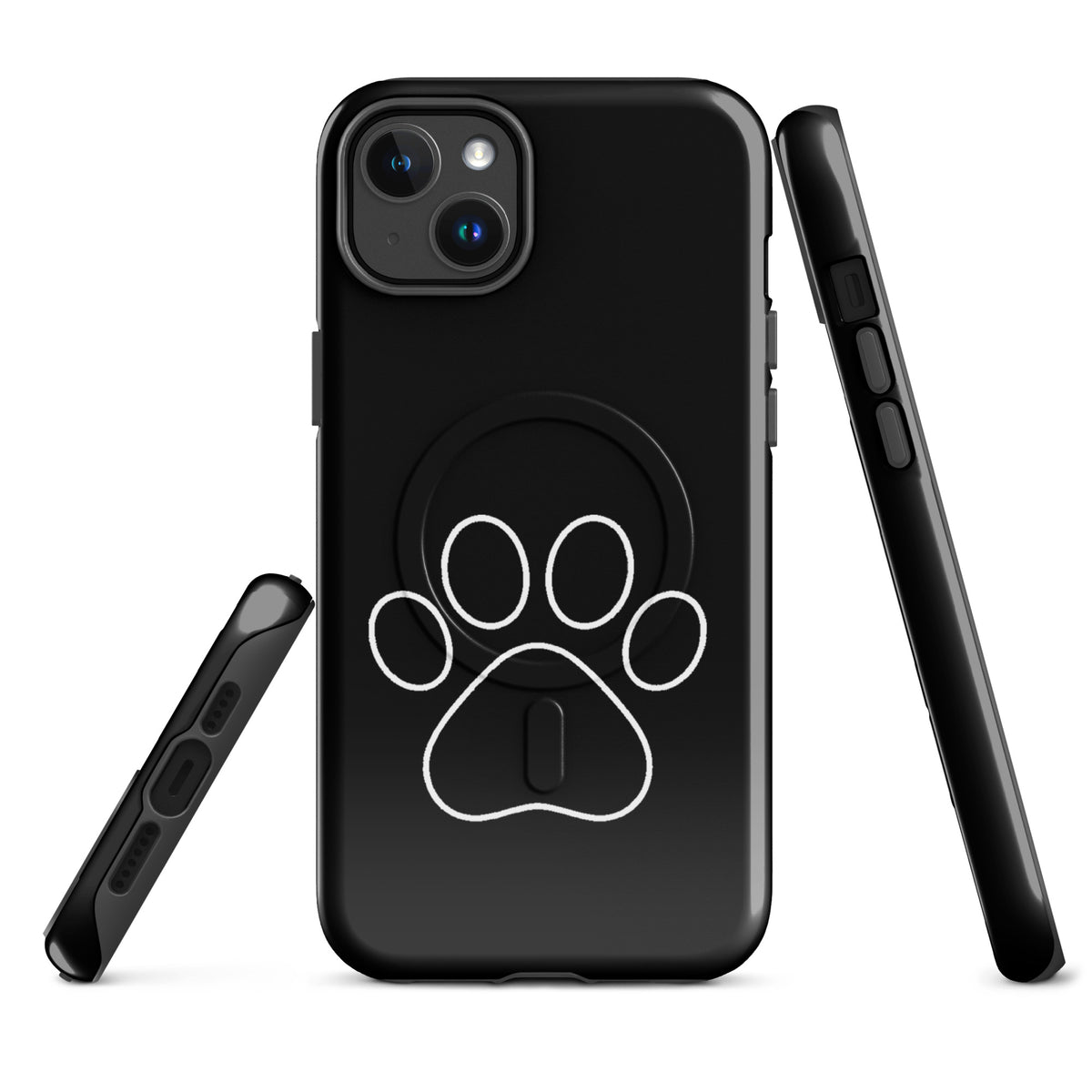 Magnetic Phone Case for iPhone with black paw print design, perfect for pet lovers. Protective and minimalist style.