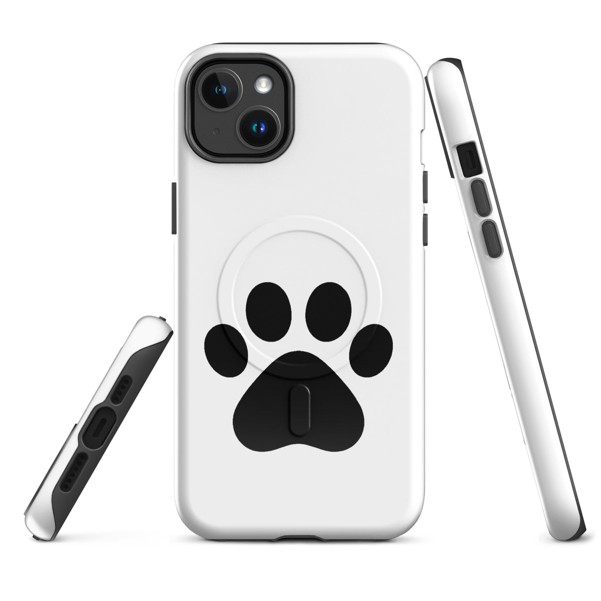 Magnetic Phone Case with black paw print design for iPhone, perfect for cat and dog lovers, in sleek white and black.