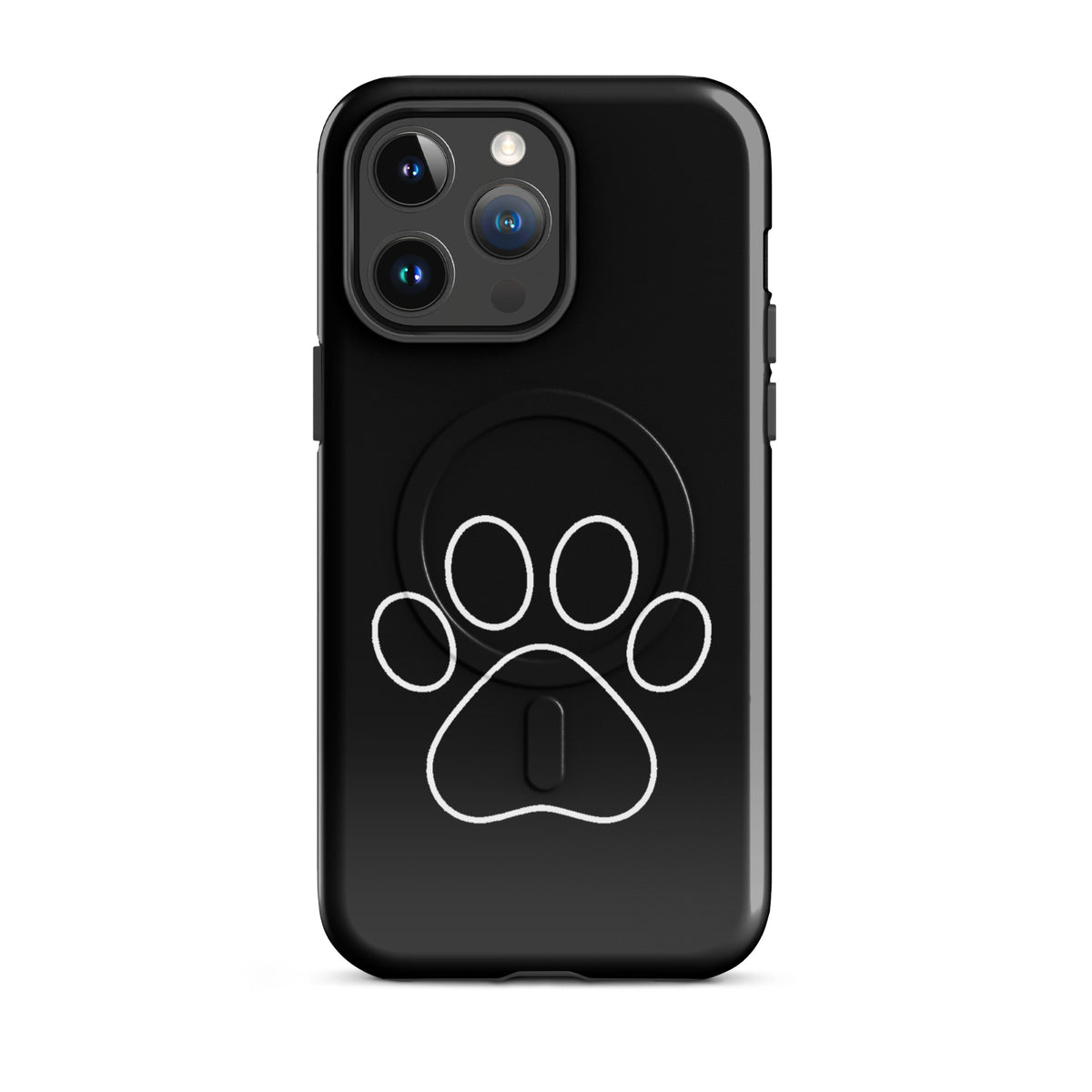 Magnetic Phone Case with paw print design for iPhone. Black case featuring a minimalist pet lover's theme. Ideal for both cat and dog parents.