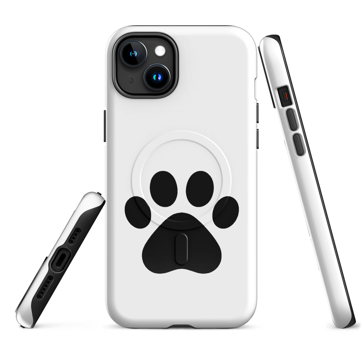 Magnetic Phone Case for iPhone with black paw print design in white, ideal for cat and dog lovers seeking style and protection