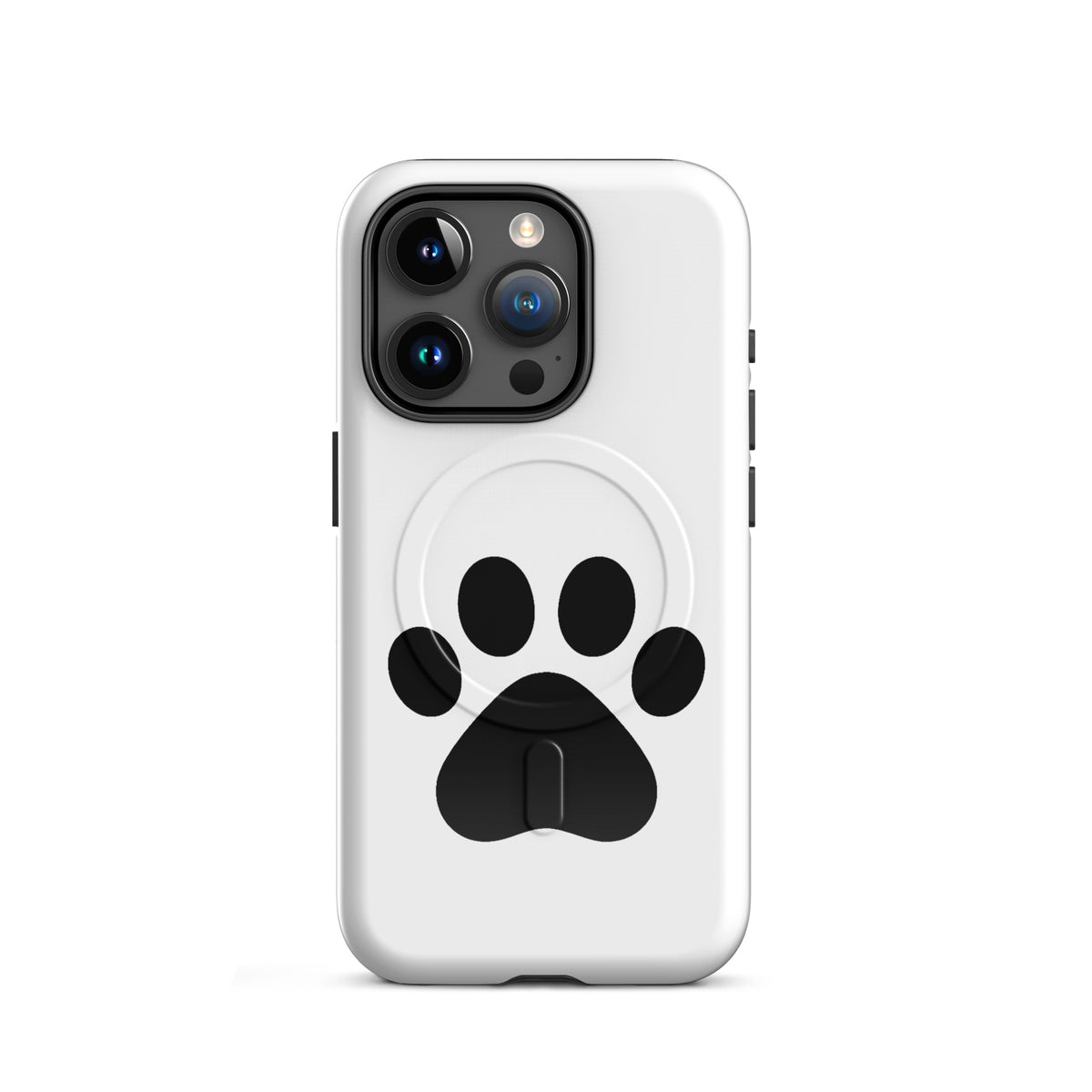 Magnetic Phone Case for iPhone with paw print design in white and black for pet lovers.