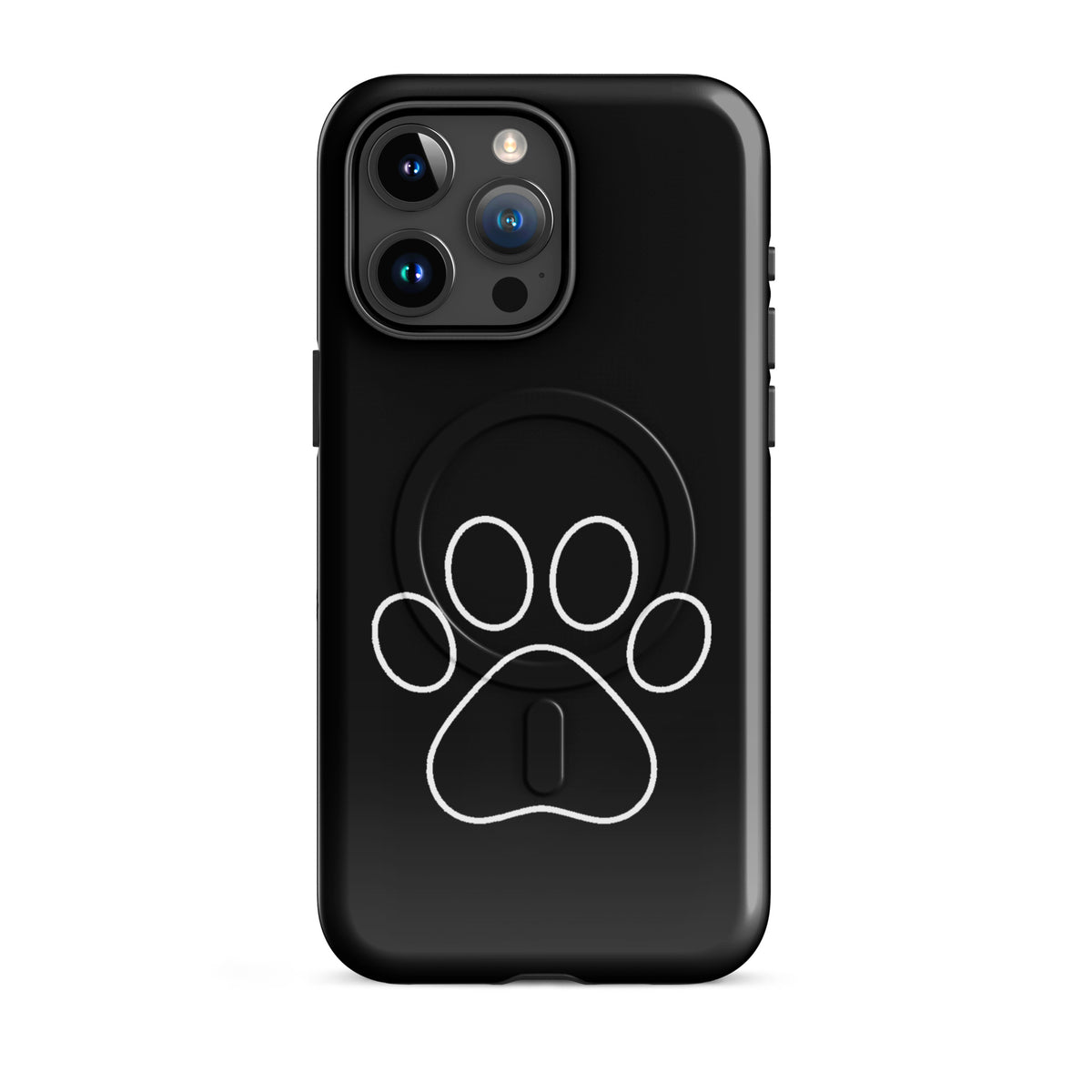 Magnetic Phone Case for iPhone with paw print design, ideal for pet lovers. Black, minimalist style offering device protection and charm.