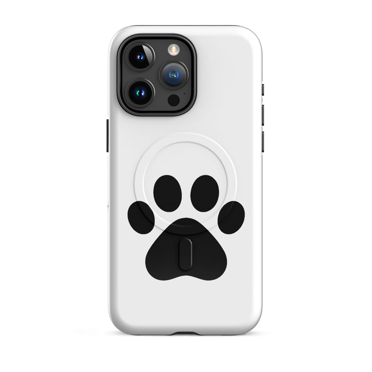 Magnetic Phone Case with white and black paw print design for iPhone, perfect for pet lovers.