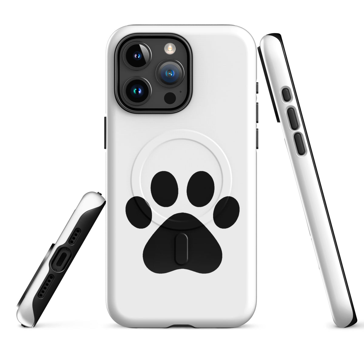 White and black Magnetic Phone Case with paw print design for iPhone, ideal for pet lovers seeking minimalist style and durability.
