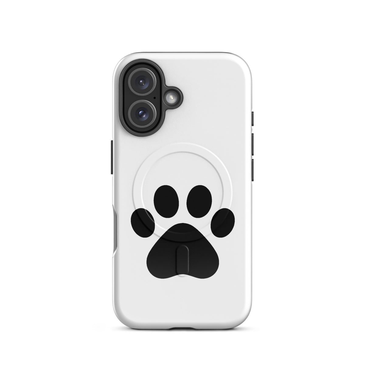 Magnetic Phone Case with black paw print design for iPhone, perfect for pet lovers, featuring durable protection in white and black colors.