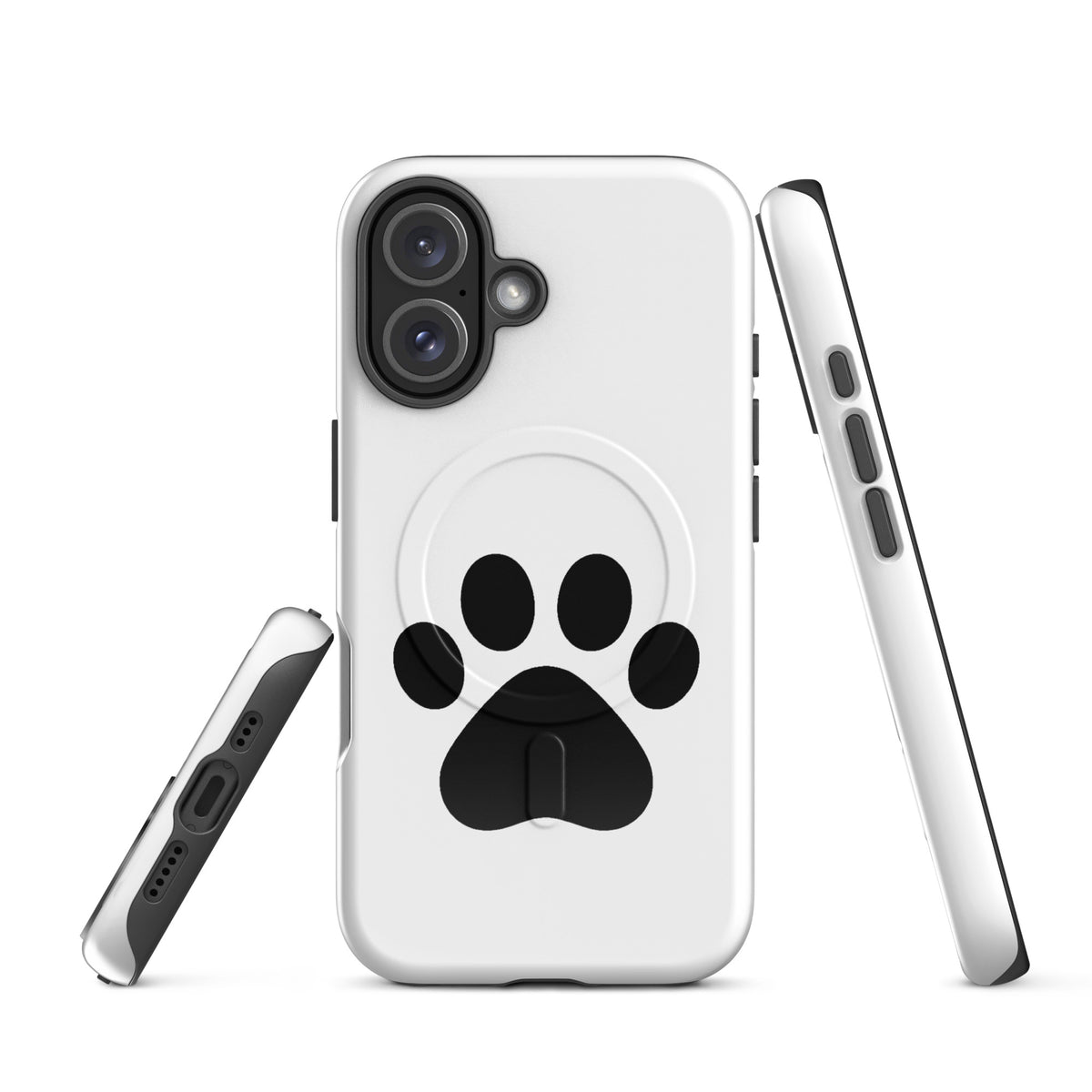 Magnetic Phone Case for iPhone with paw print design in white and black, ideal for pet lovers seeking style and protection.