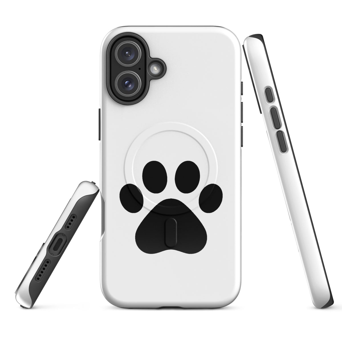 Magnetic Phone Case with white and black paw print design for iPhone, perfect for pet lovers.