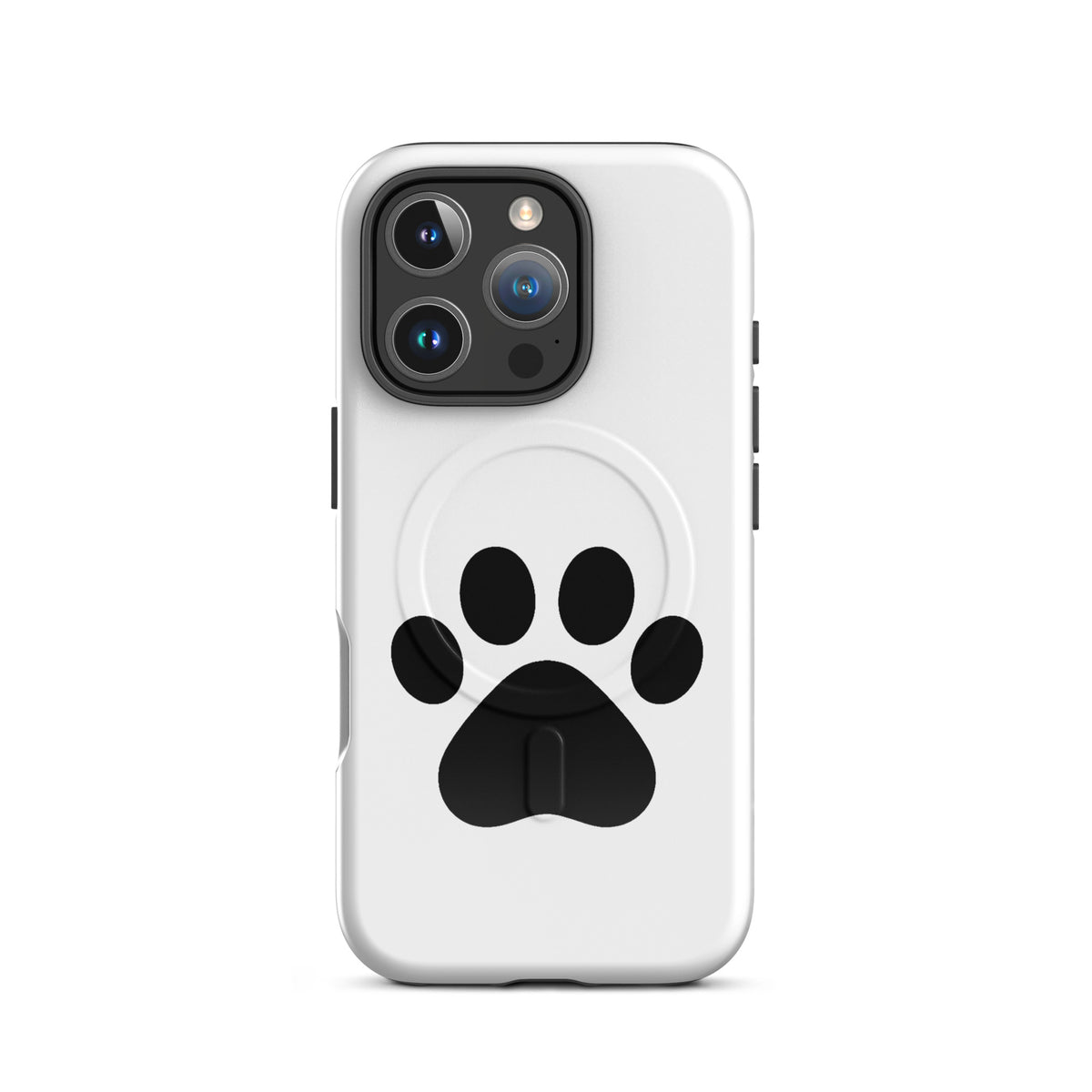 Magnetic Phone Case for iPhone with paw print design in white and black for pet lovers.