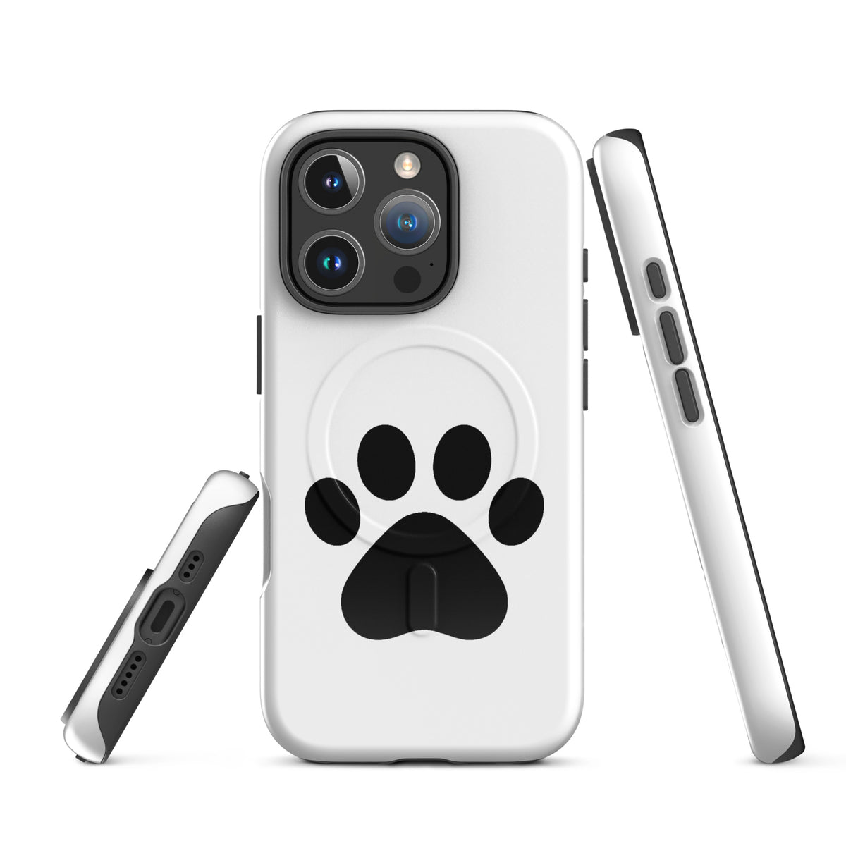 Magnetic Phone Case with black paw print design for iPhone, ideal for pet lovers seeking a stylish and durable phone case in white/black.