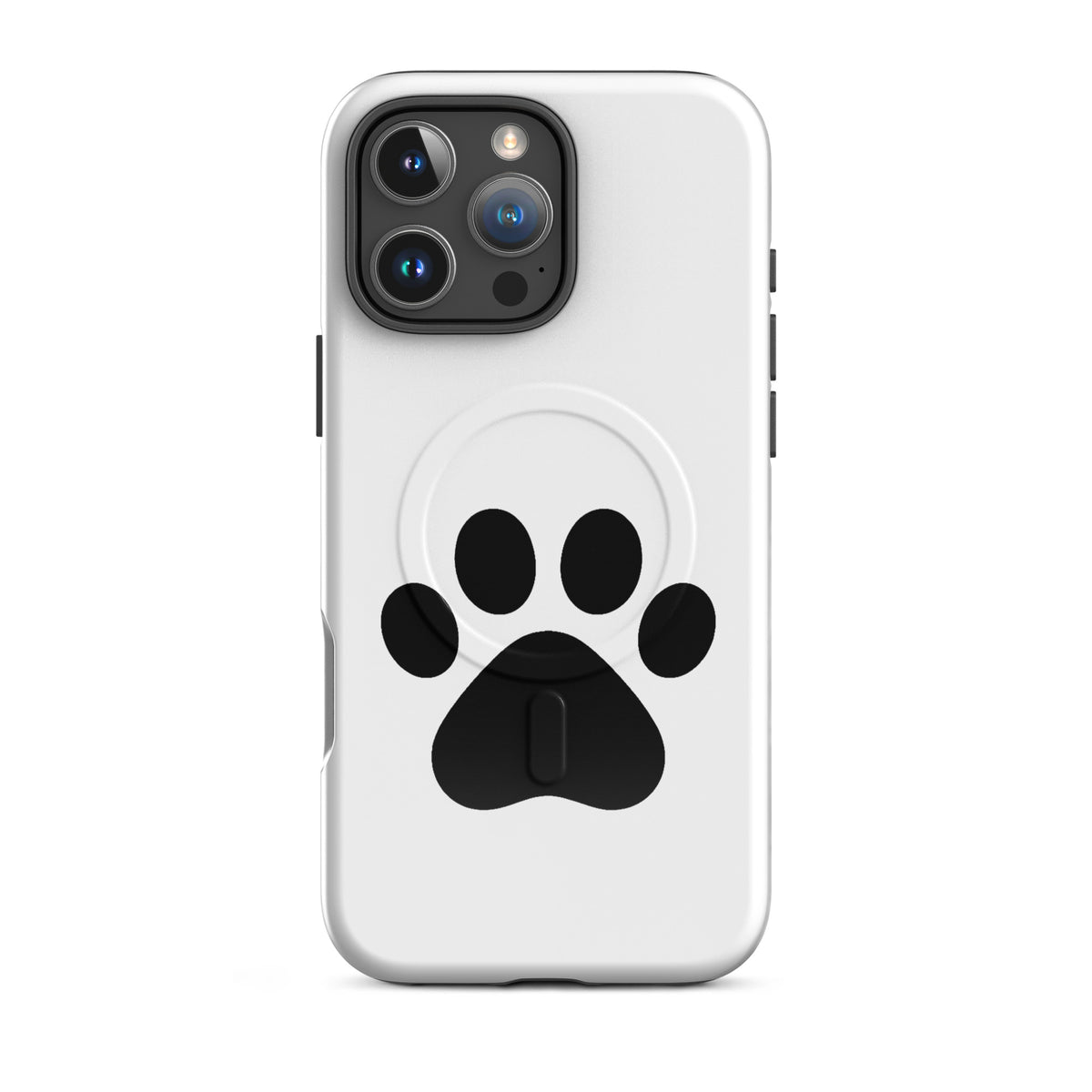Magnetic Phone Case for iPhone with black paw print design on white background, ideal for pet lovers.