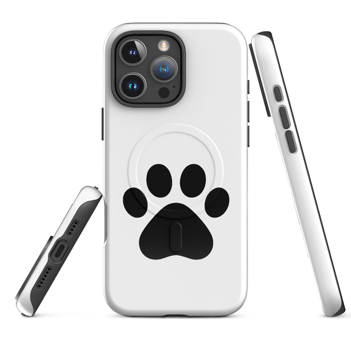 Magnetic Phone Case with black paw print design for iPhone, perfect for pet lovers, in white and black color.