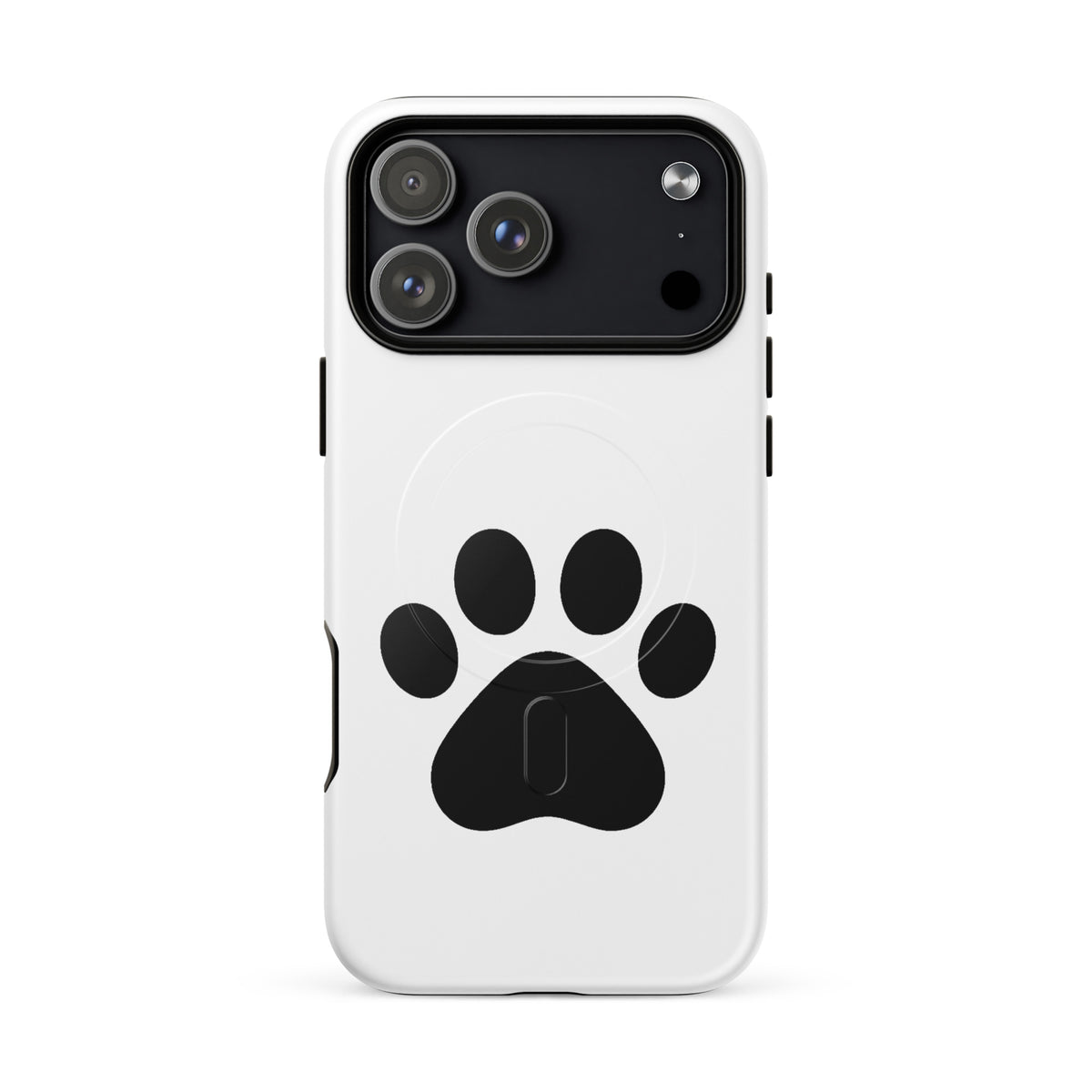 Magnetic Phone Case with black paw print design for pet lovers, fits iPhone, white color, minimalist style for cat and dog parents.