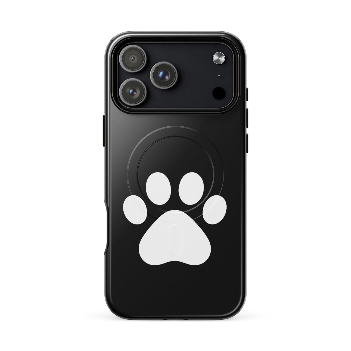 Magnetic Phone Case with paw print design for pet lovers, compatible with iPhone, featuring minimalist white paw icon on black background.