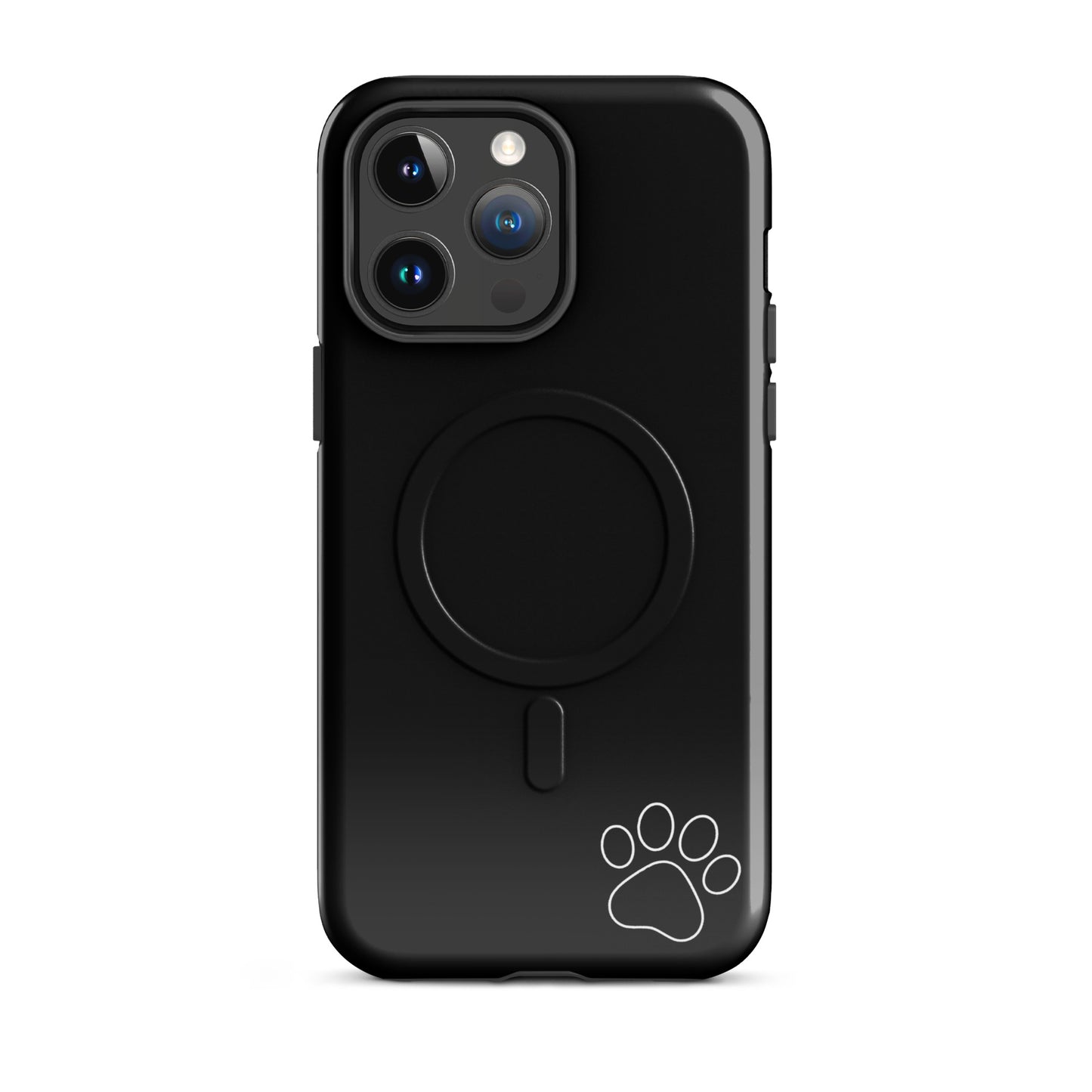 Magnetic Phone case for iPhone with black design, features a white paw print in corner, combining style and functionality.