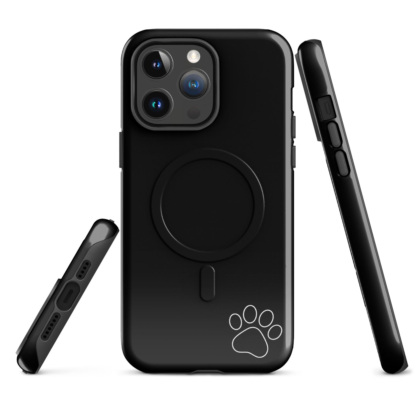 Magnetic Phone case for iPhone with black color and white paw print design, minimalist tough cover.