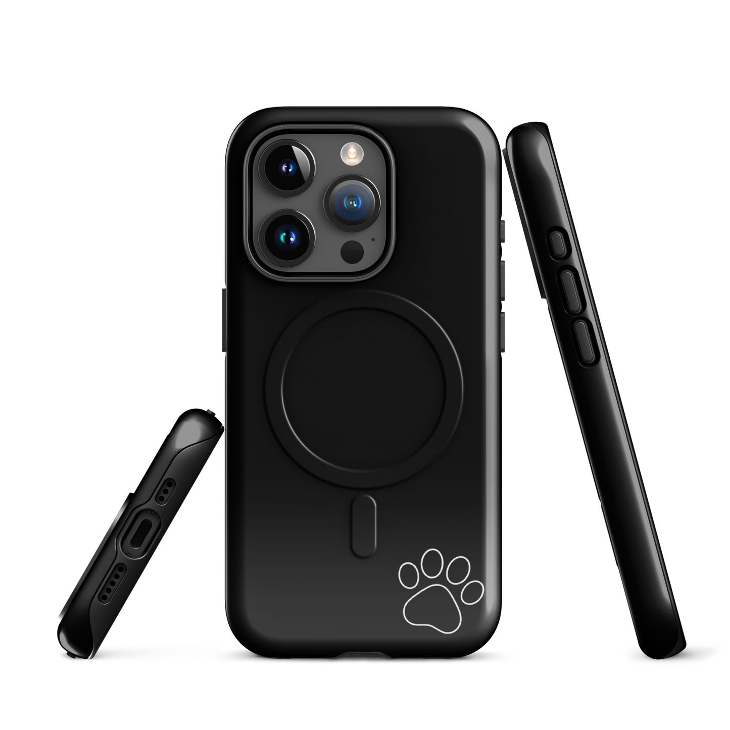 Magnetic Phone case with black design and white paw print for iPhone, showcasing side and back views for sleek style.
