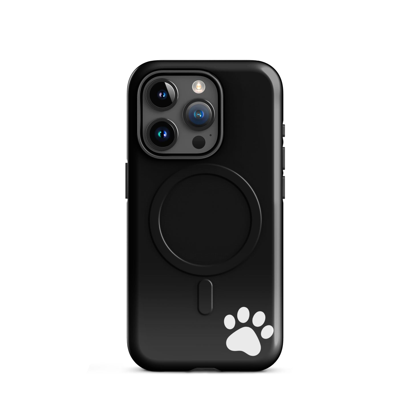 Magnetic Phone case for iPhone with black design and white paw print in the lower corner, minimalist style.