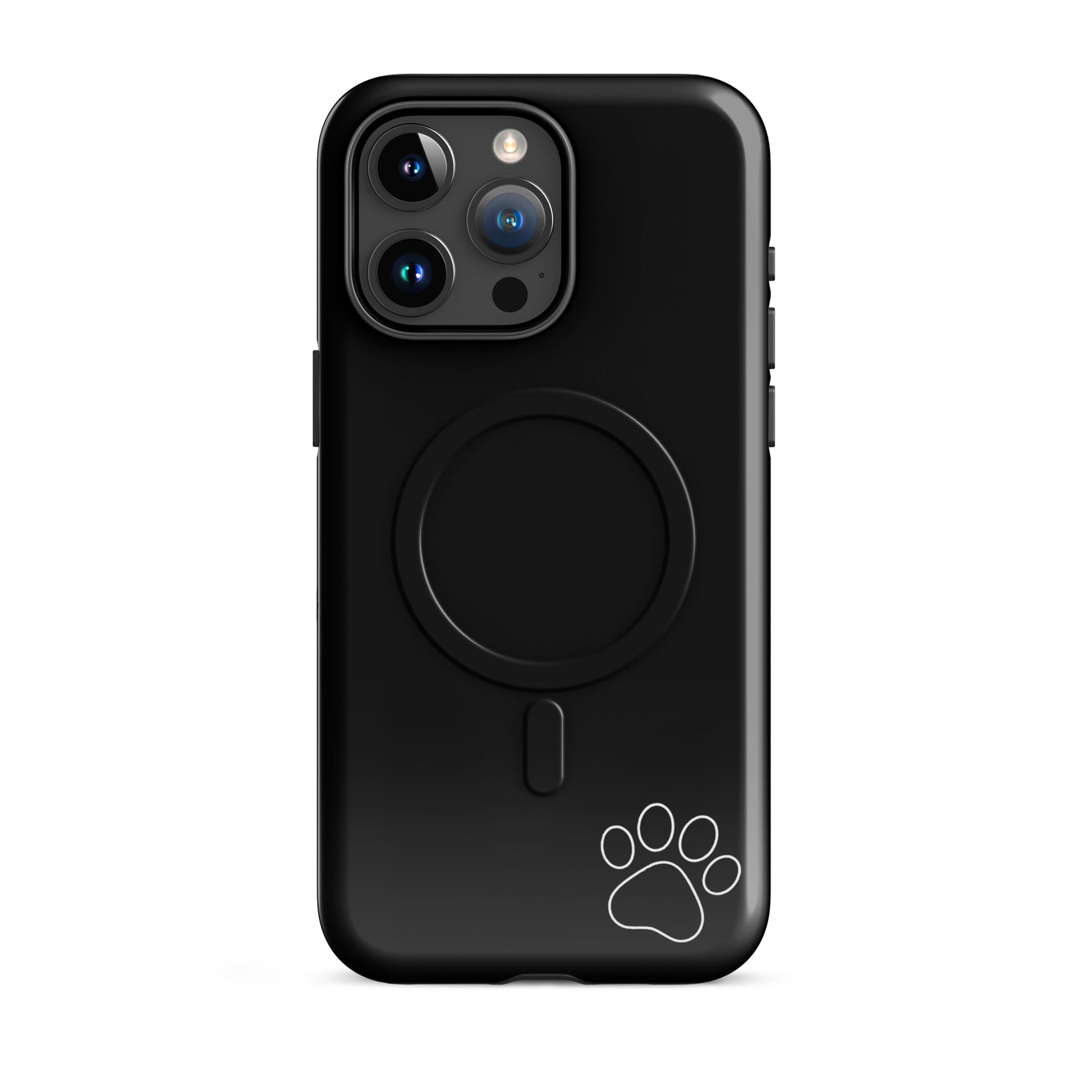 Magnetic Phone case for iPhone with paw print design on a black, minimalist tough case.